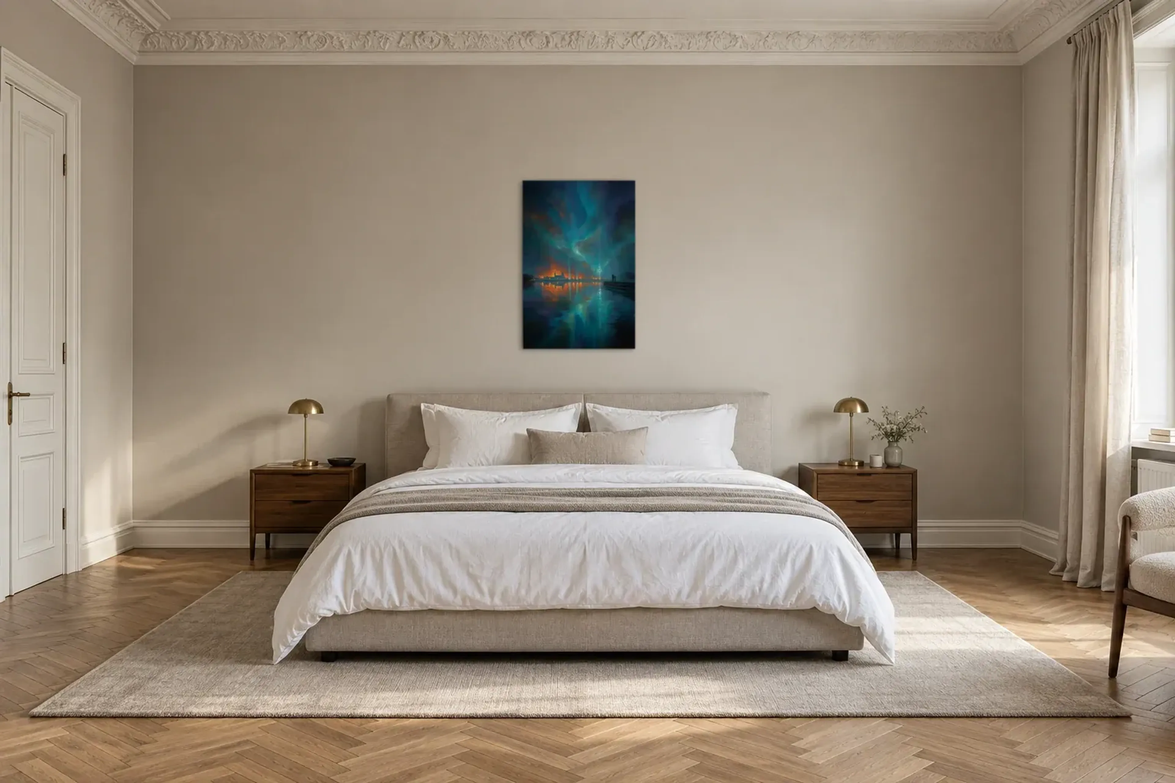 Türkis über stillem Wasser als Wandbild über einem 180-cm-Bett
