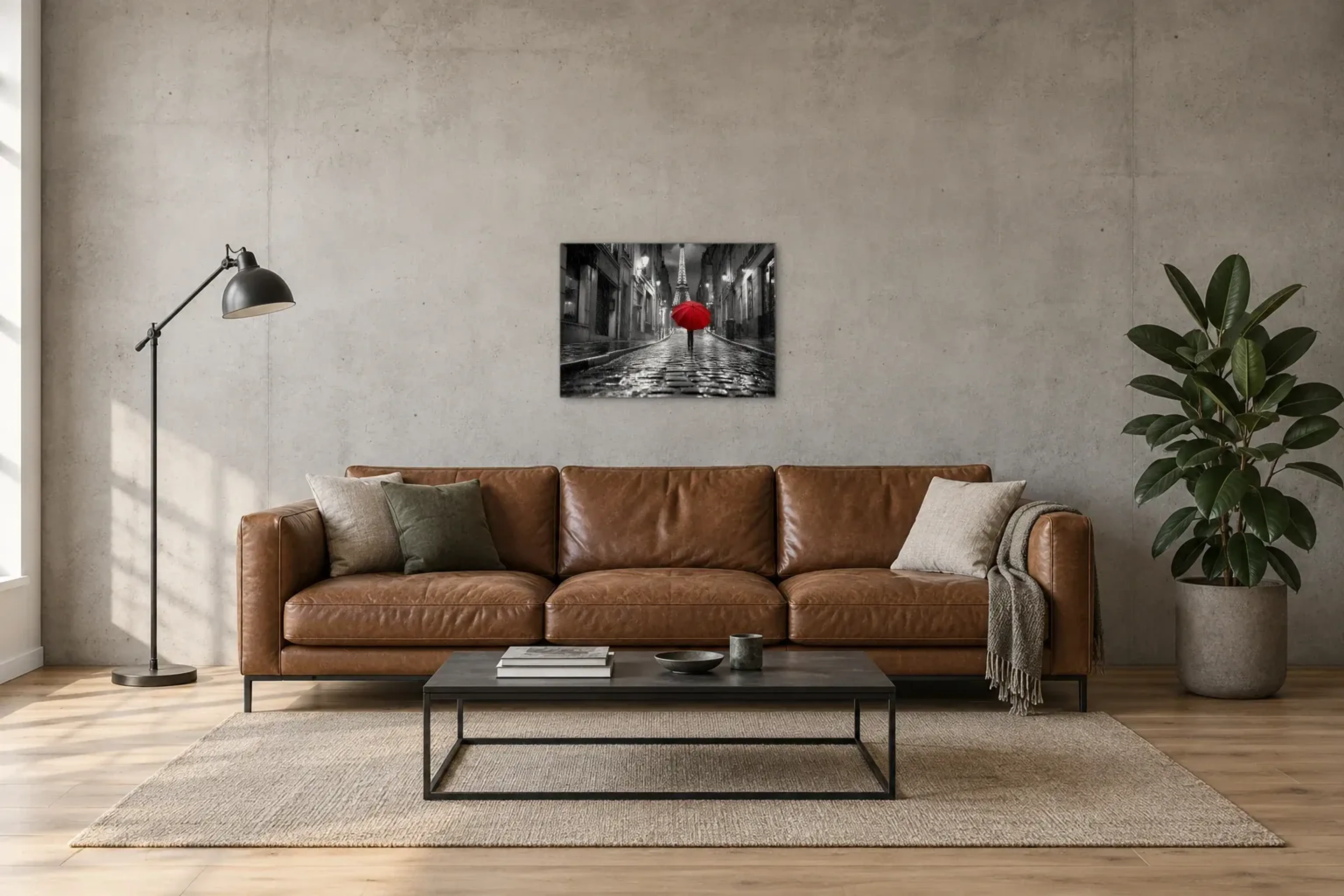 Roter Schirm im Regen als Wandbild über einem 220-cm-Sofa
