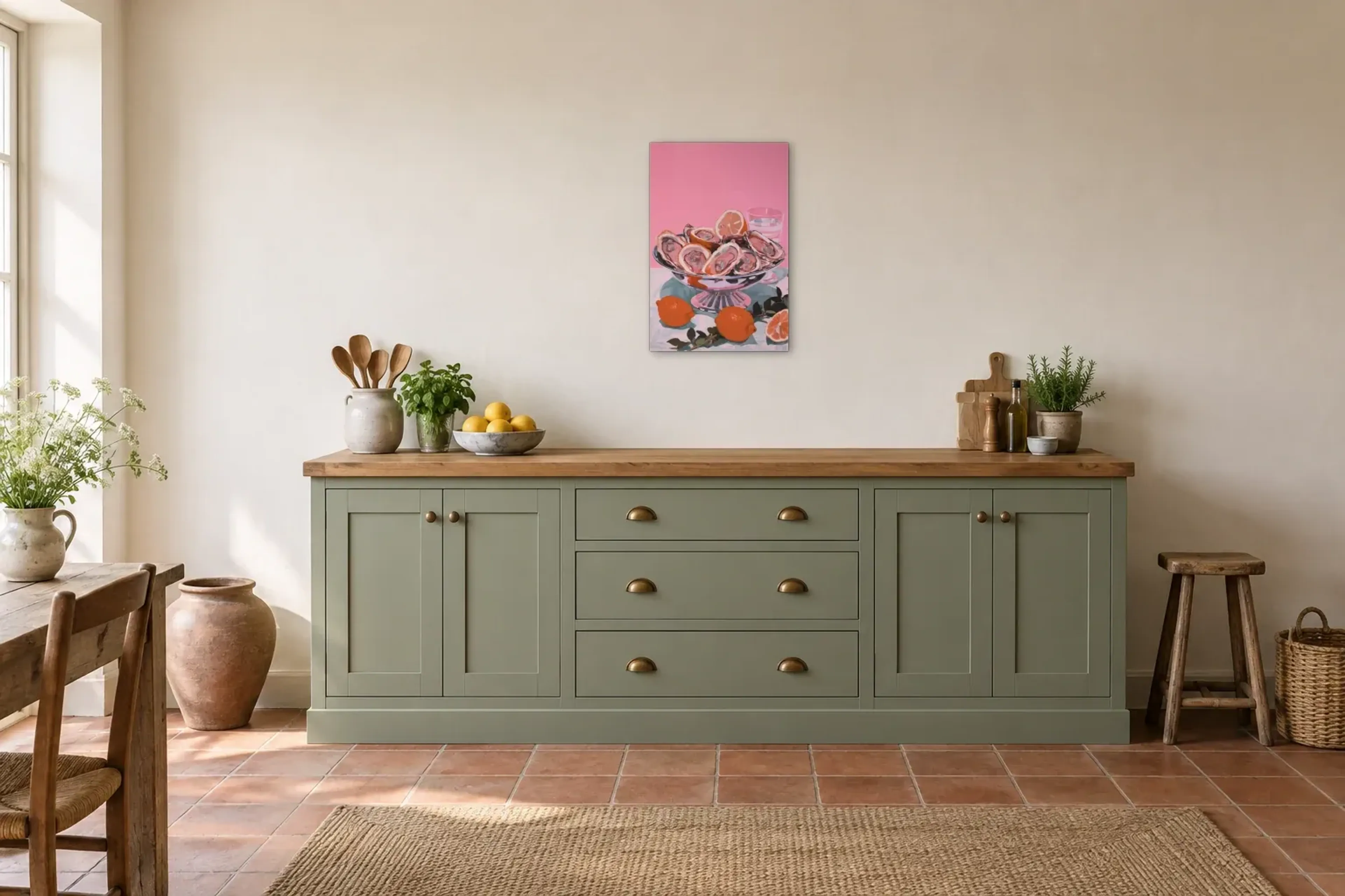 Austern auf Rosa als Wandbild über einer 200-cm-Arbeitsplatte