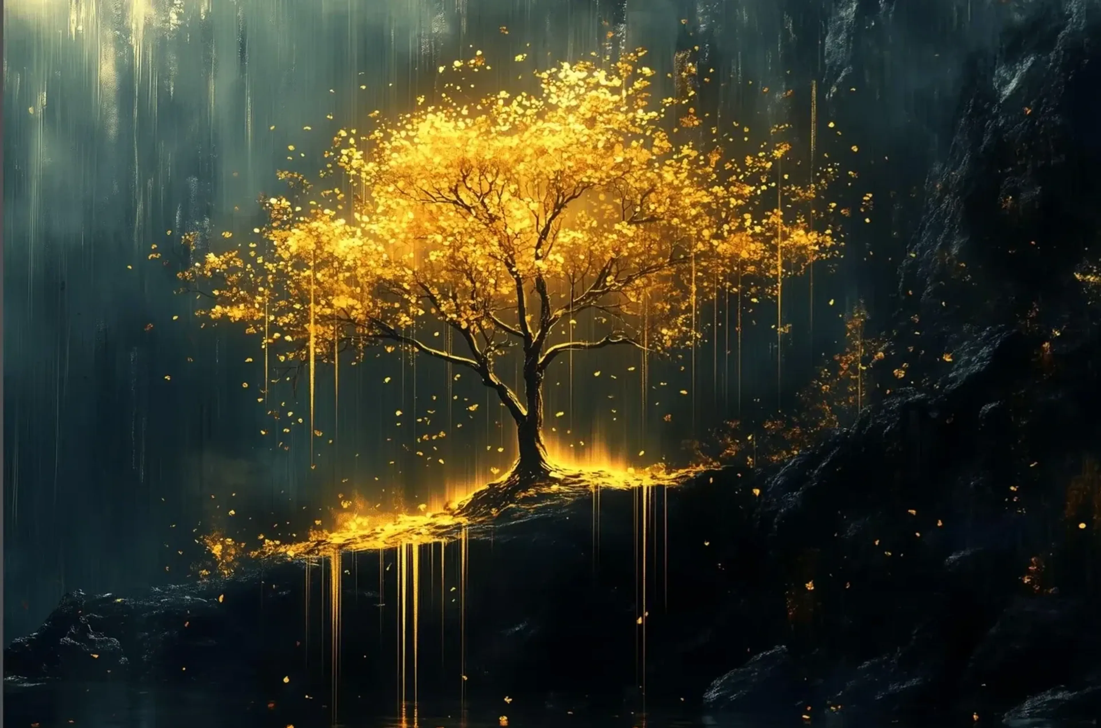 Ein Baum mit leuchtend goldenem Laub steht auf einem dunklen Felsvorsprung, von feinen Lichtlinien umgeben.