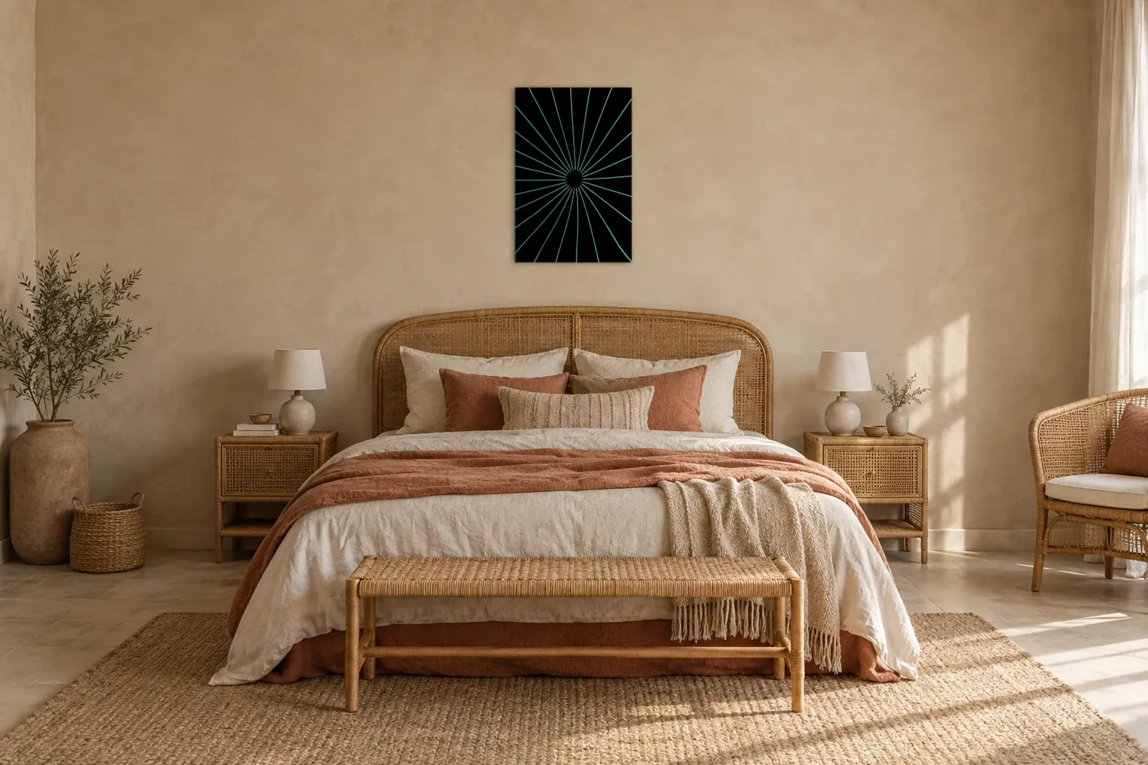Türkise Strahlen als Wandbild über einem 180-cm-Bett