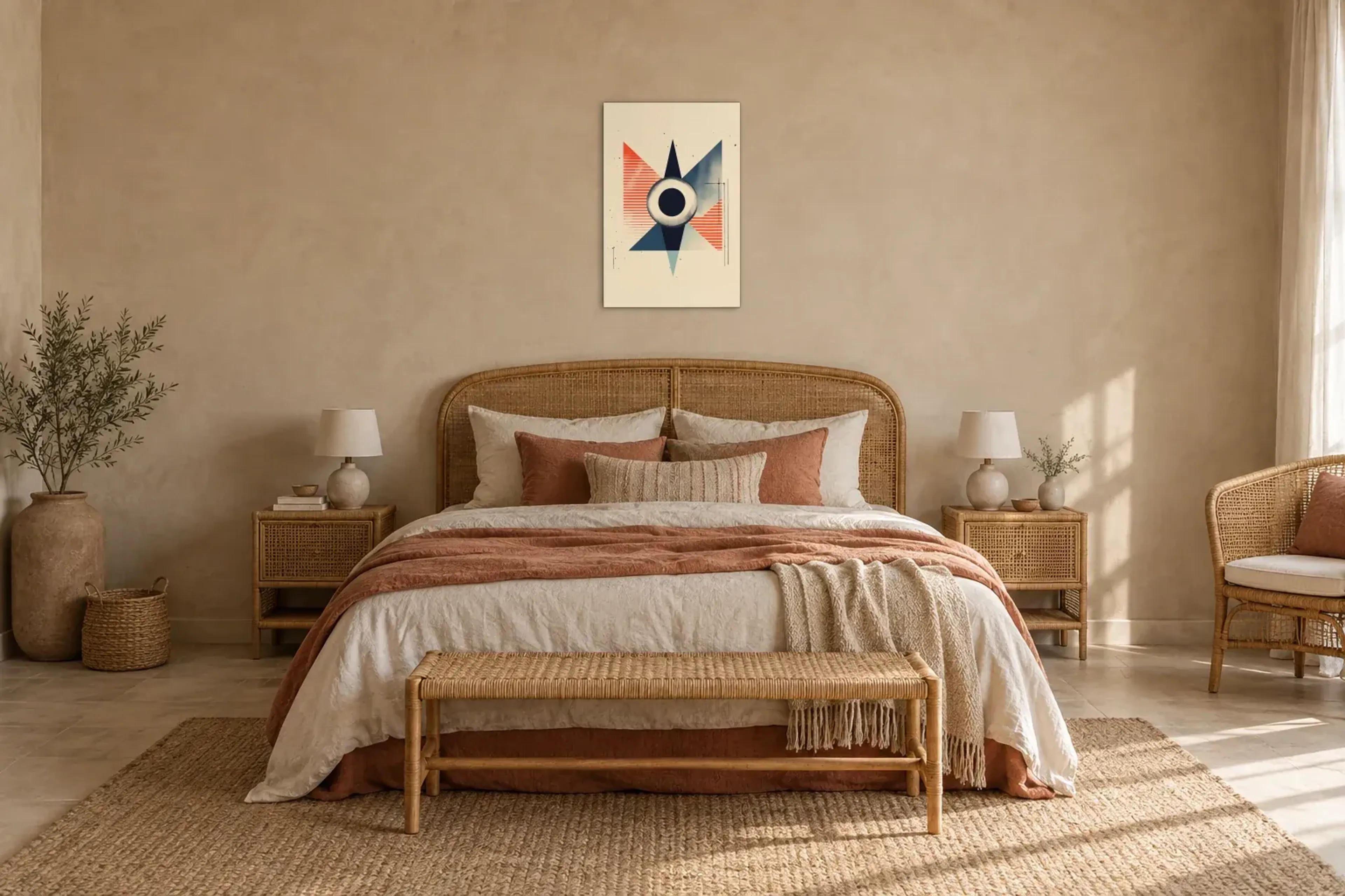 Kreis und Dreiecke als Wandbild über einem 180-cm-Bett
