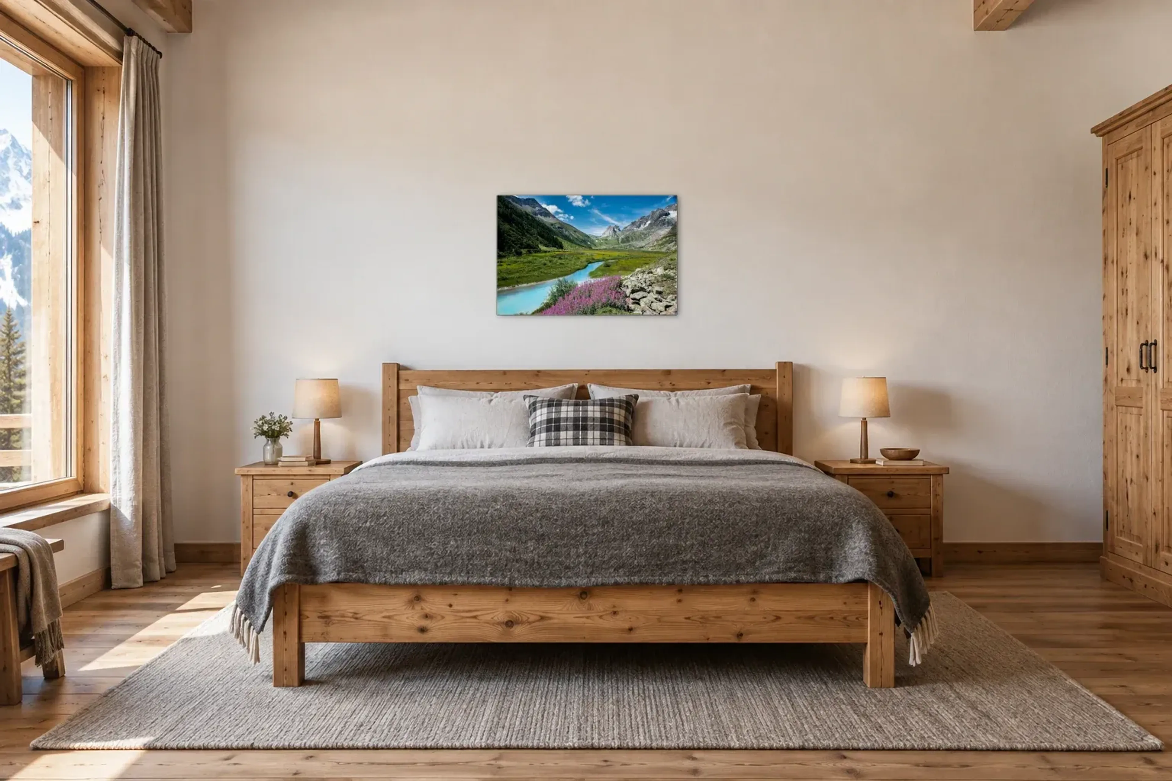 Türkiser Fluss im Bergtal als Wandbild über einem 180-cm-Bett