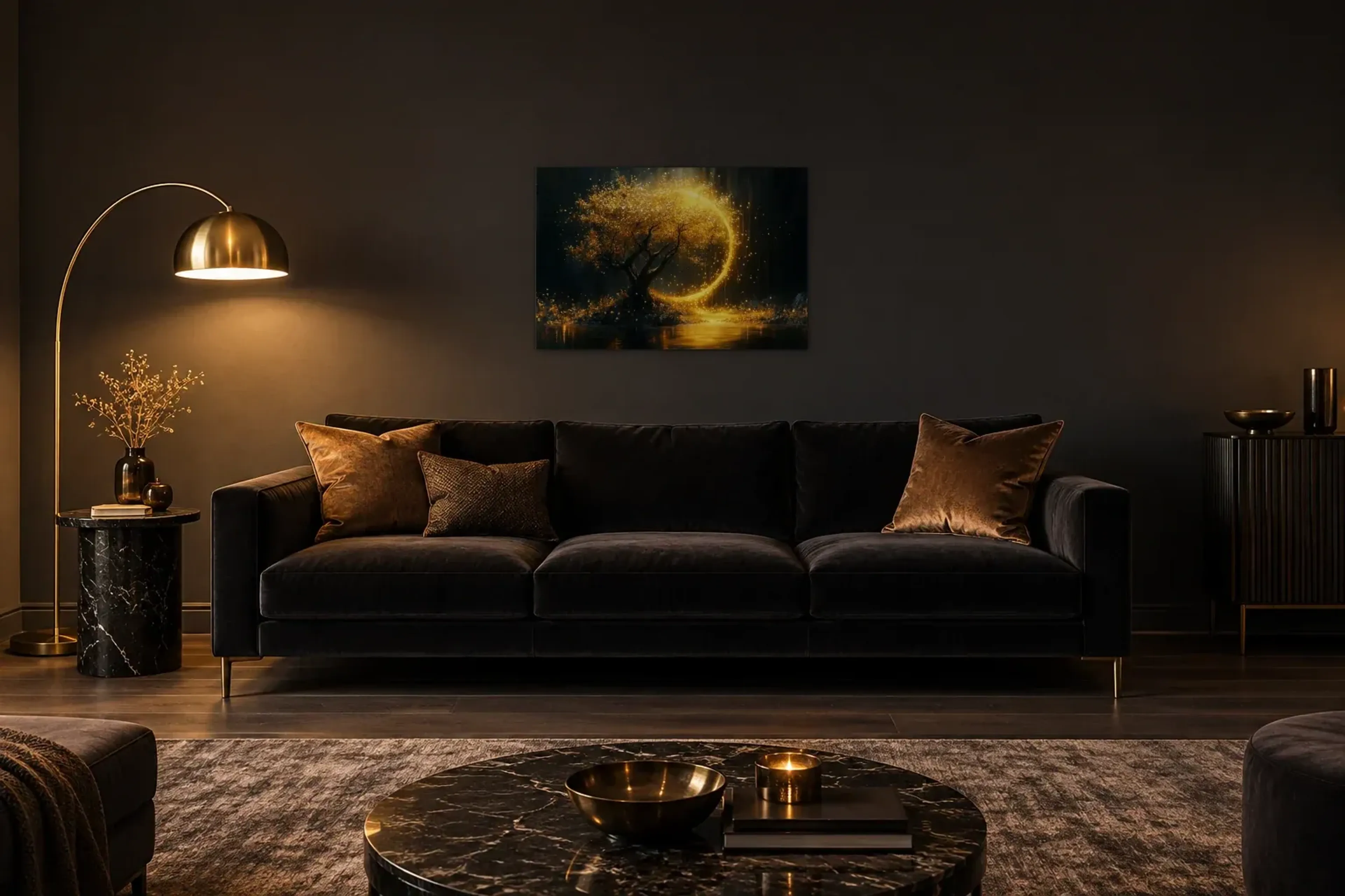 Baum des Lichts als Wandbild über einem 220-cm-Sofa