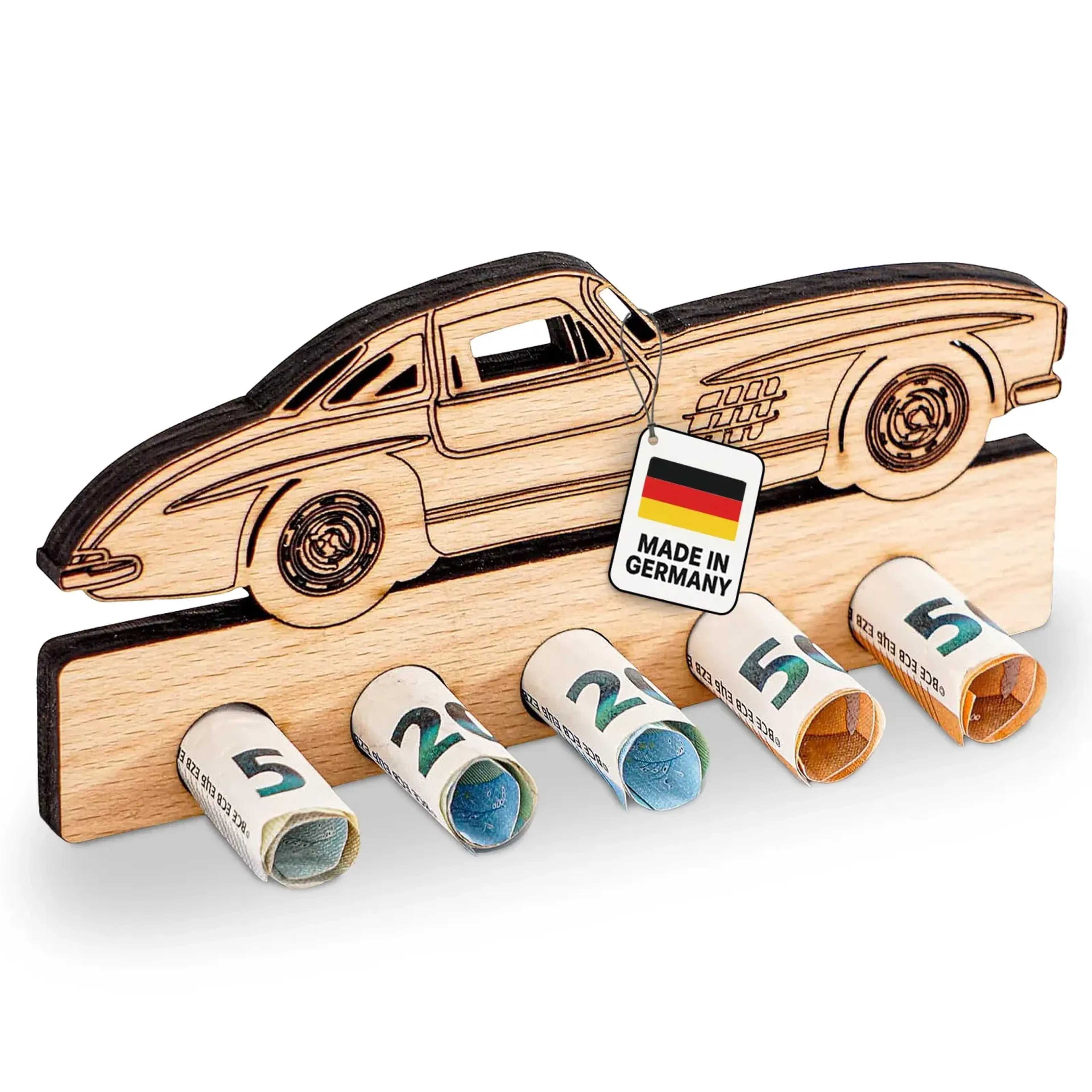 Hölzerner Geldgeschenkhalter mit klassischem Sportwagen, dunklen Konturen und fünf gerollten Geldscheinen.