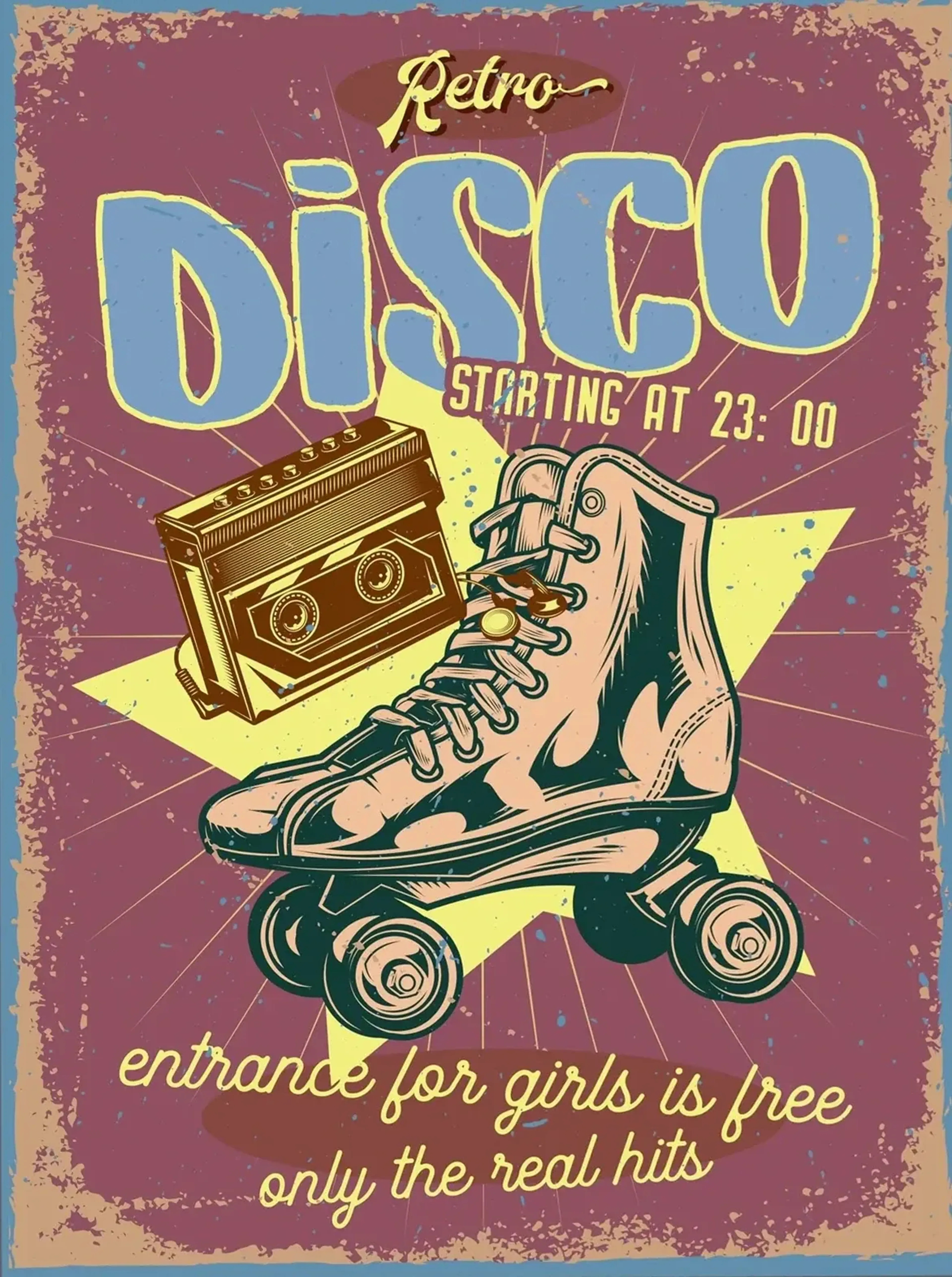 Retro-Discoplakat mit großem Rollschuh, Kassettenrekorder und hellgelbem Stern auf violettem Grund.