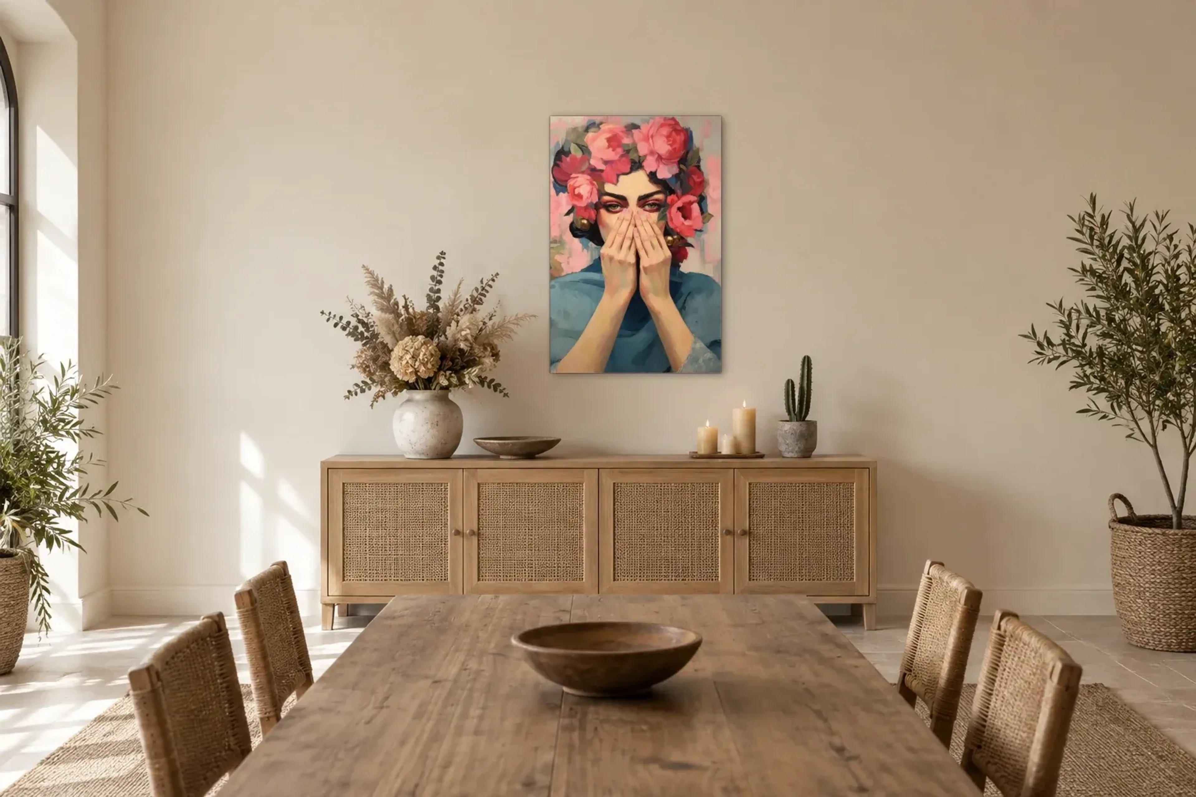 Blick unter rosa Blüten als Wandbild über einem 160-cm-Sideboard