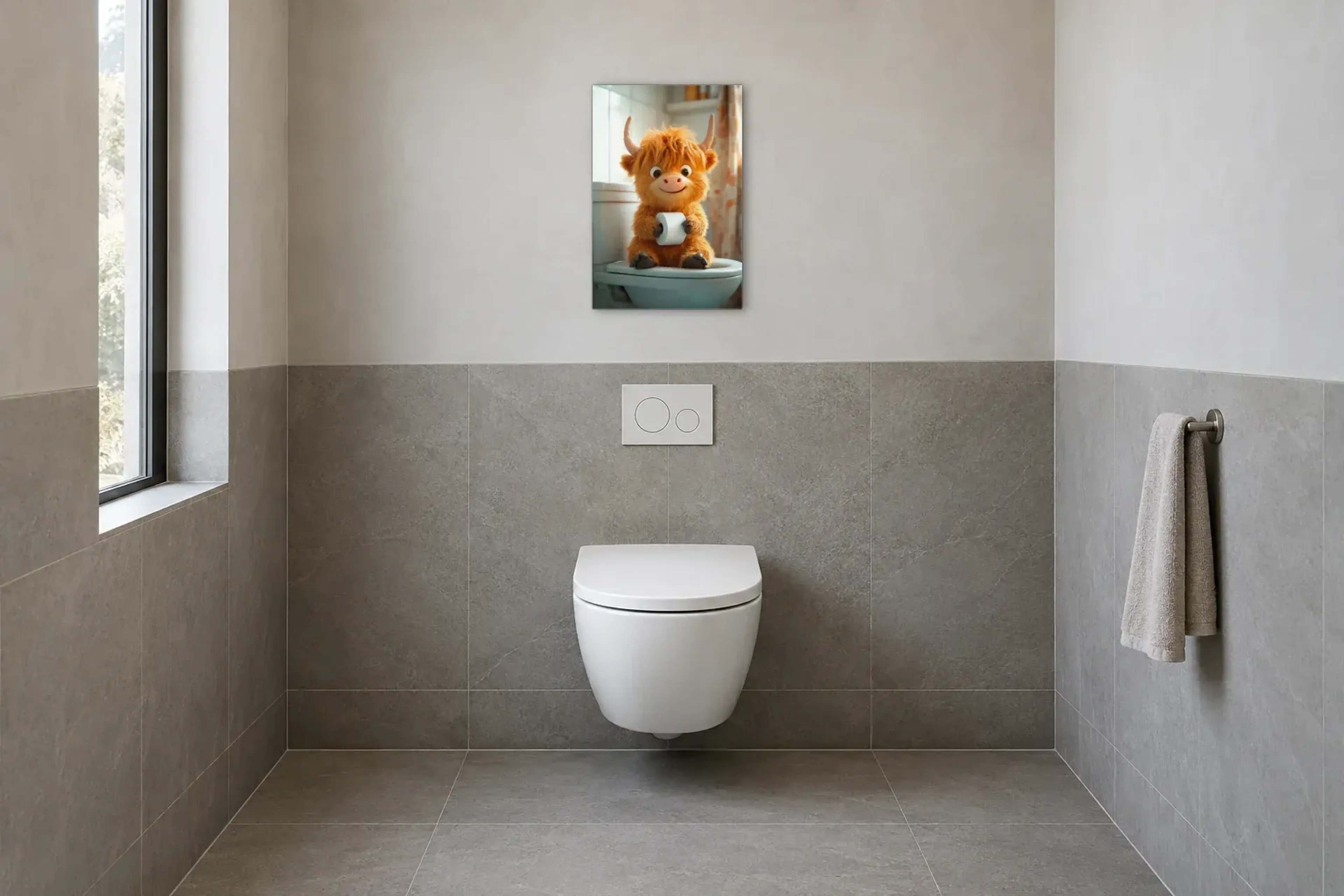 Hochlandrind mit sanftem Lächeln als Wandbild im Gäste-WC