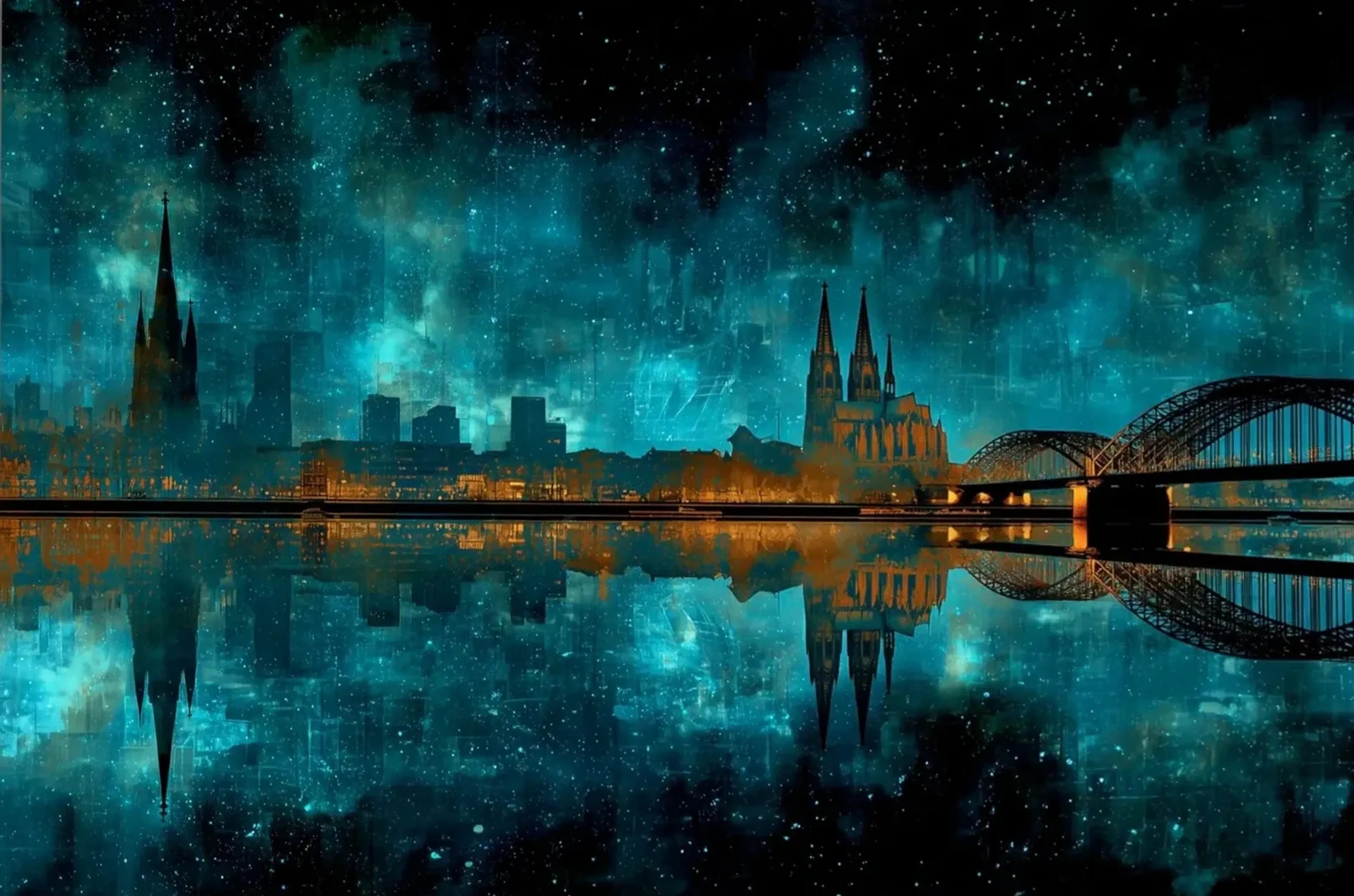 Kölner Stadtsilhouette mit Dom und Brücke, goldenen Uferlichtern und Spiegelungen vor türkisschwarzem Himmel.