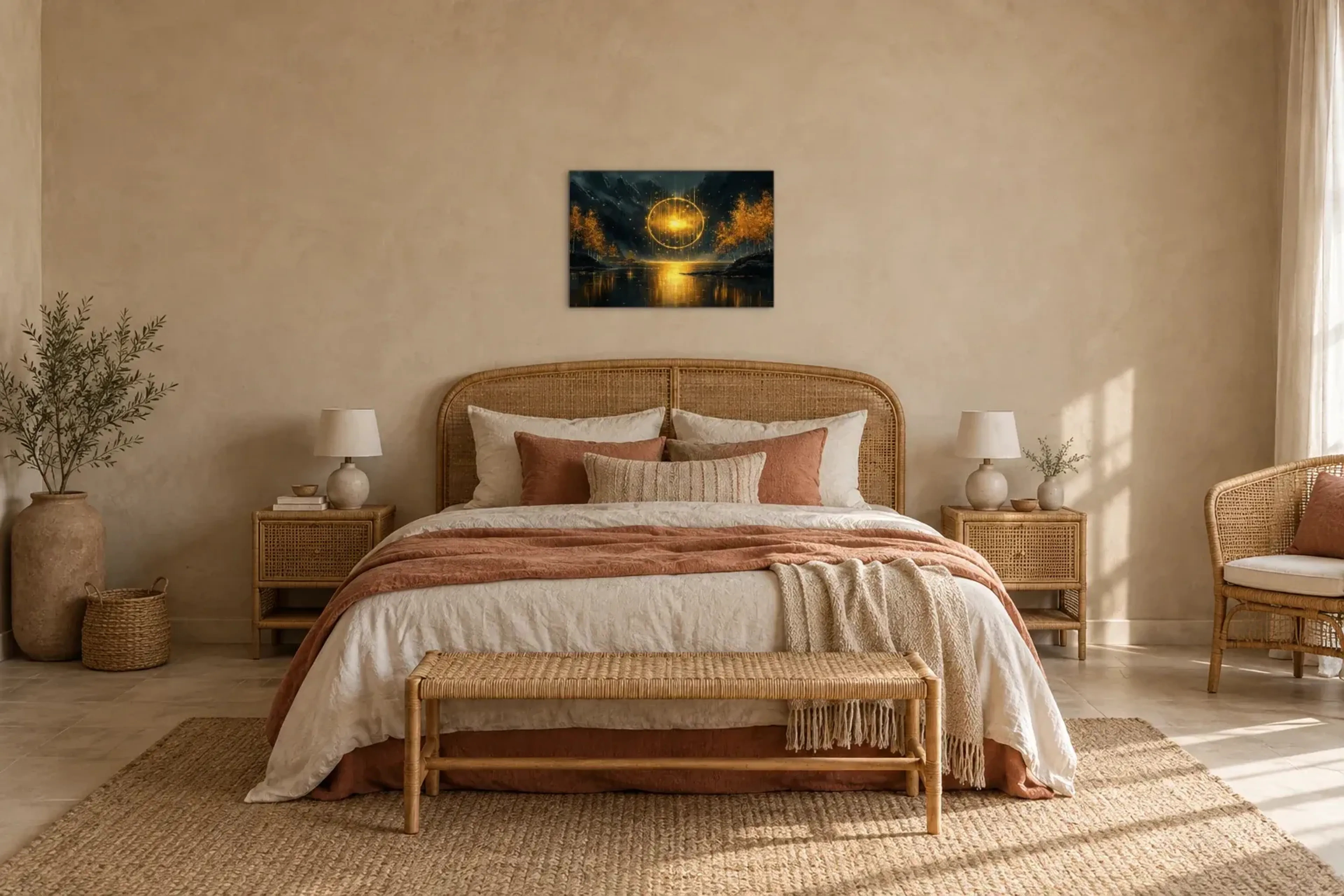 Goldene Pforte als Wandbild über einem 180-cm-Bett