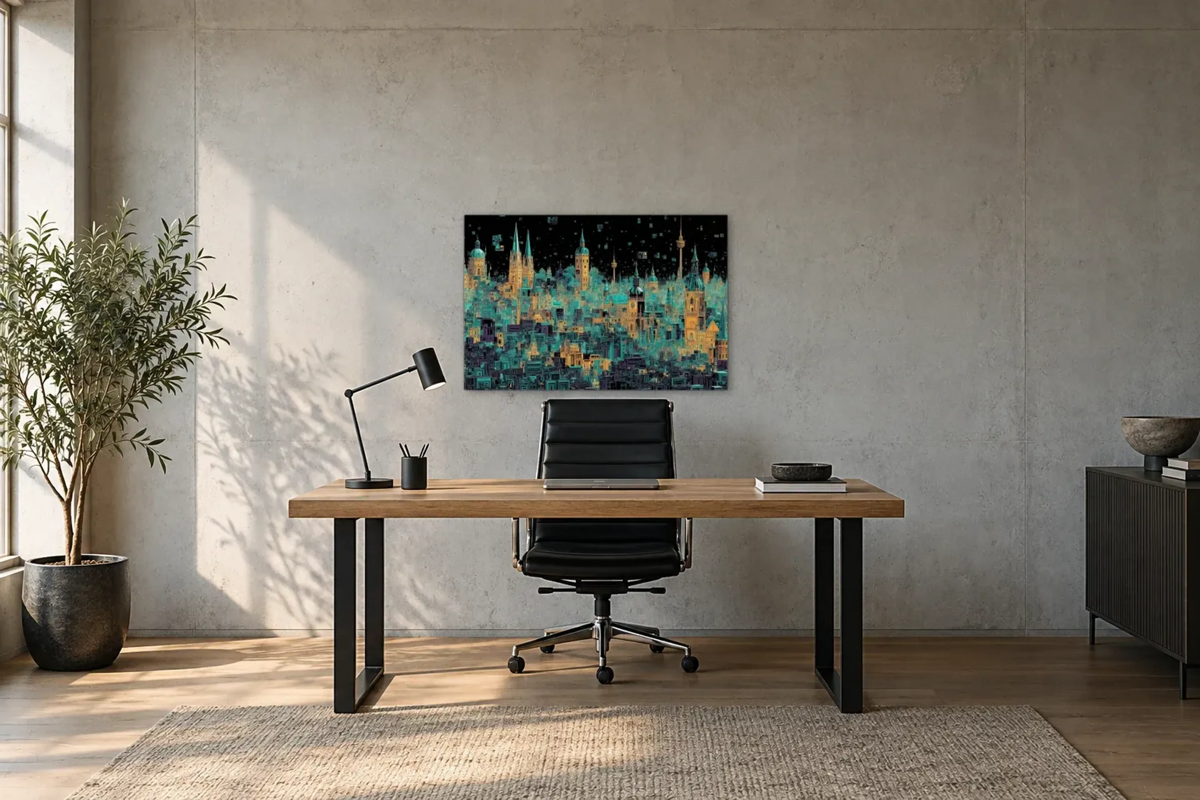 Türme im Häuserlabyrinth als Wandbild über einem 160-cm-Schreibtisch