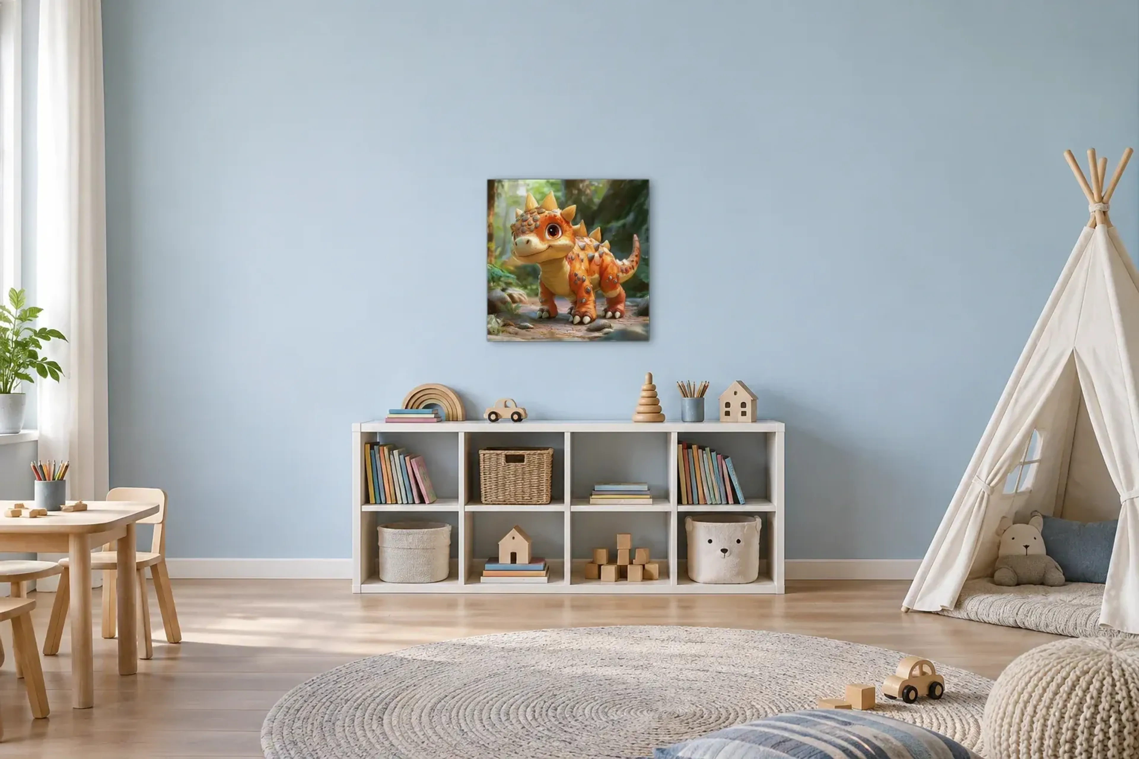 Stacheldino auf dem Waldweg als Wandbild über einem 120-cm-Spielregal