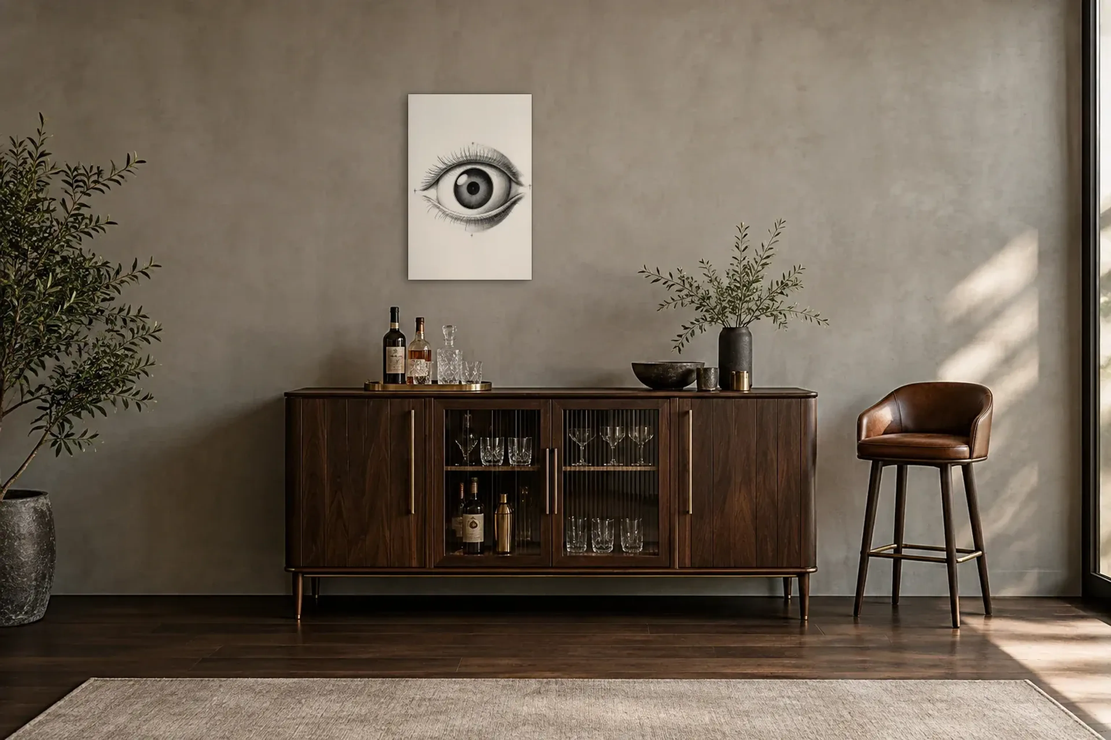 Auge schwarz weiß als Wandbild über einem 150-cm-Barschrank