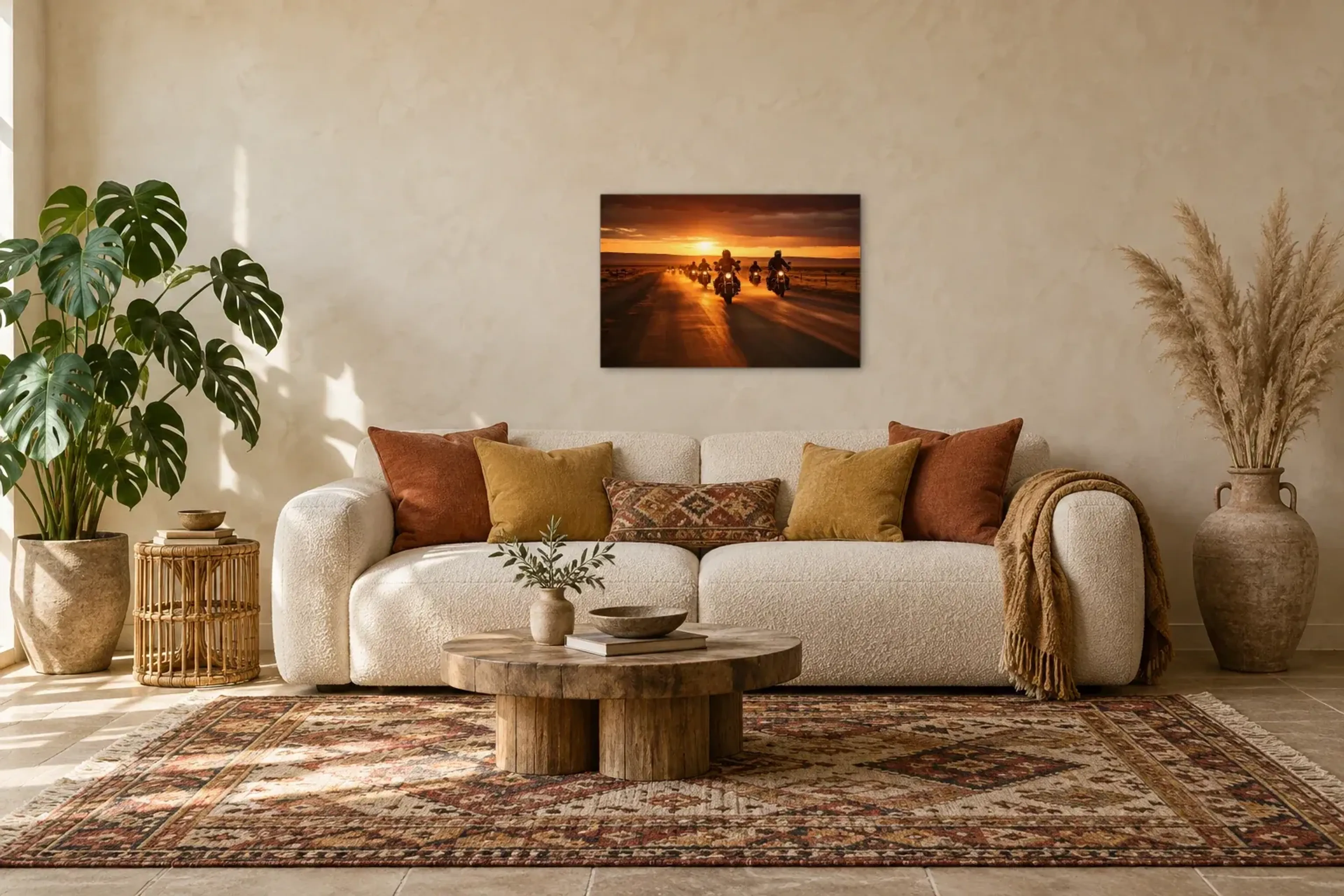 Motorräder im Sonnenuntergang als Wandbild über einem 220-cm-Sofa