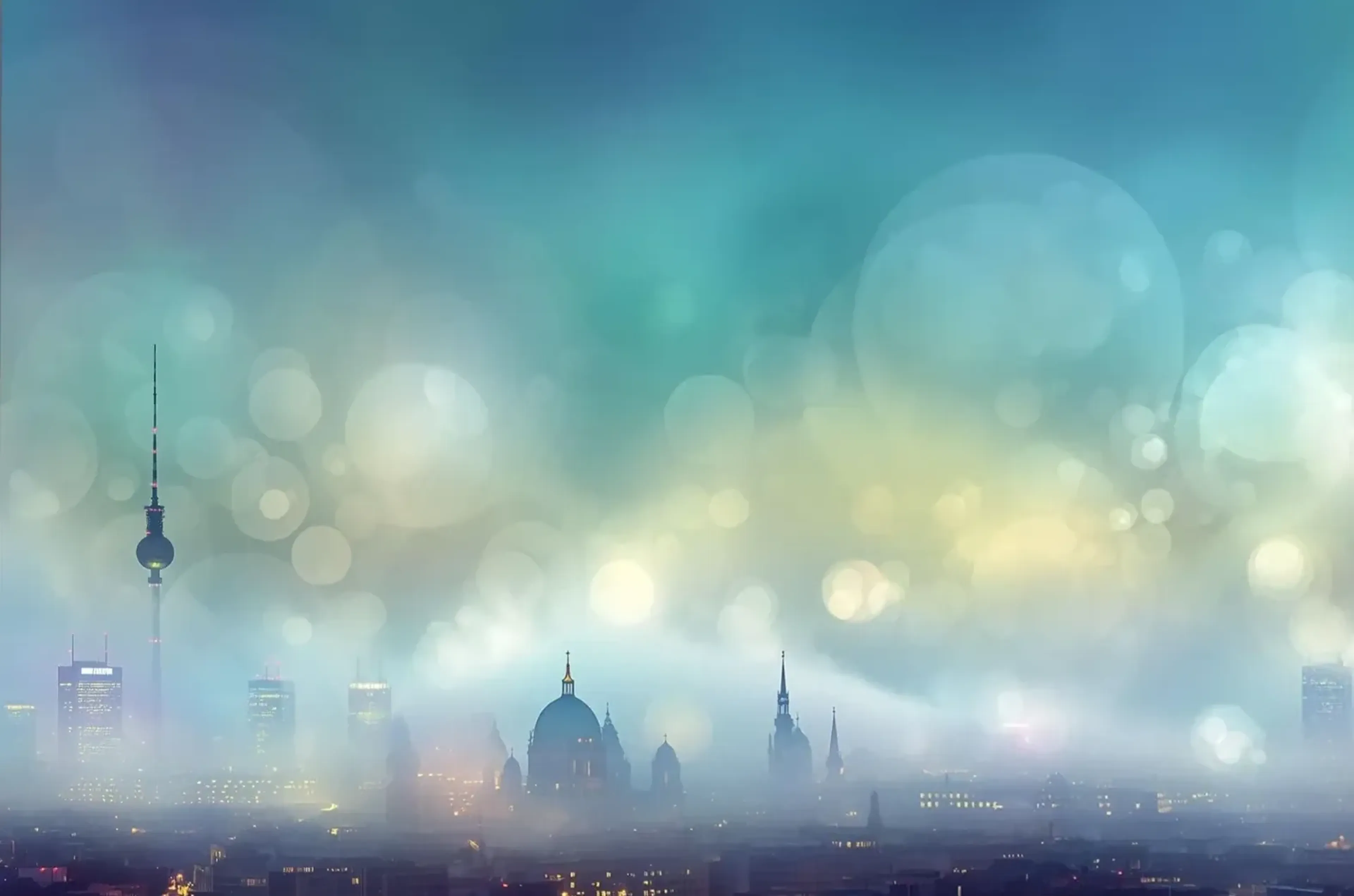 Berliner Silhouette mit Fernsehturm und Dom unter einem türkisblauen Himmel voller weicher Lichtkreise.