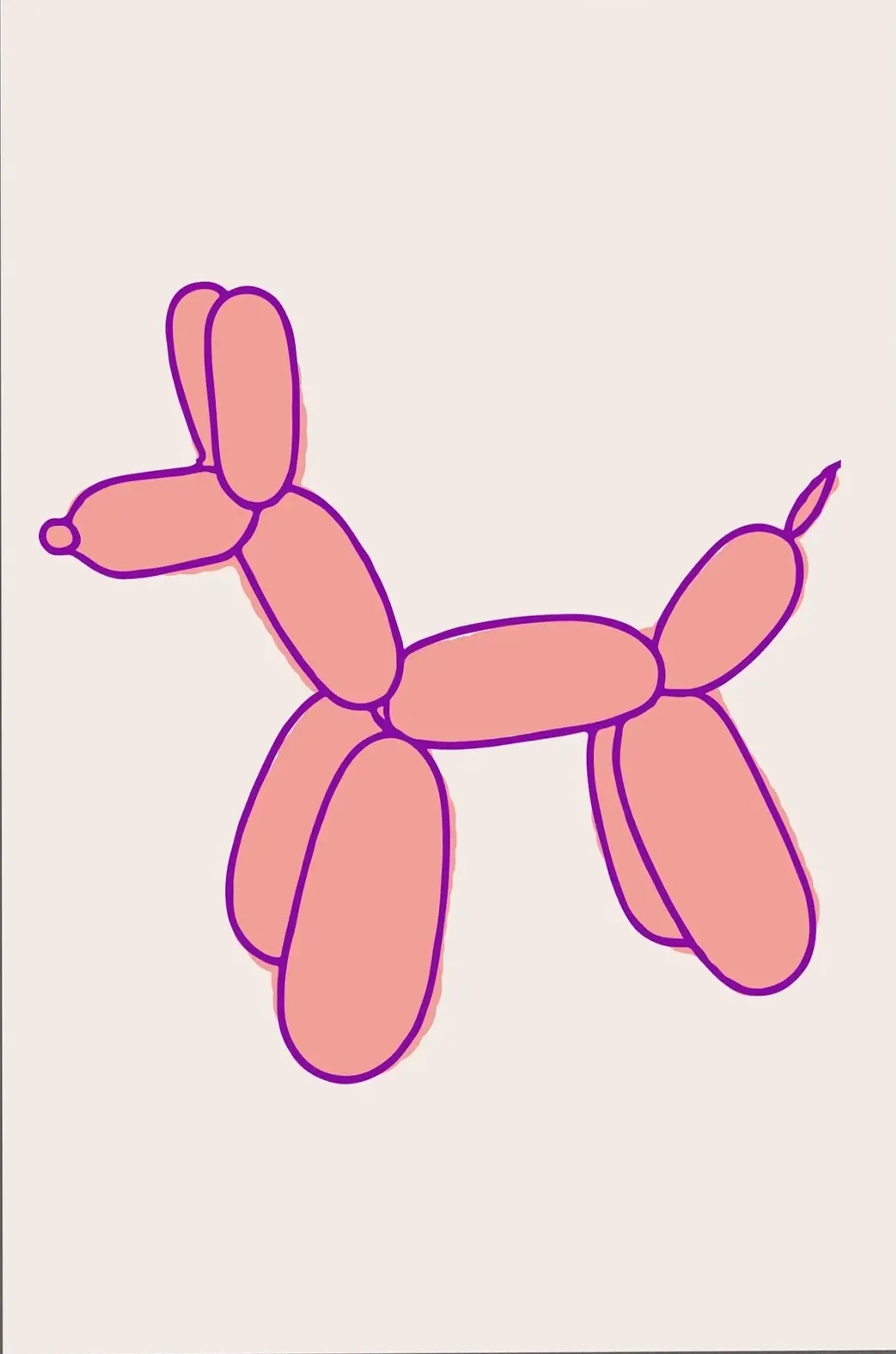 Rosafarbener Ballonhund mit violetten Konturen, aufrechten Ohren und erhobenem Schwanz auf cremefarbenem Grund.
