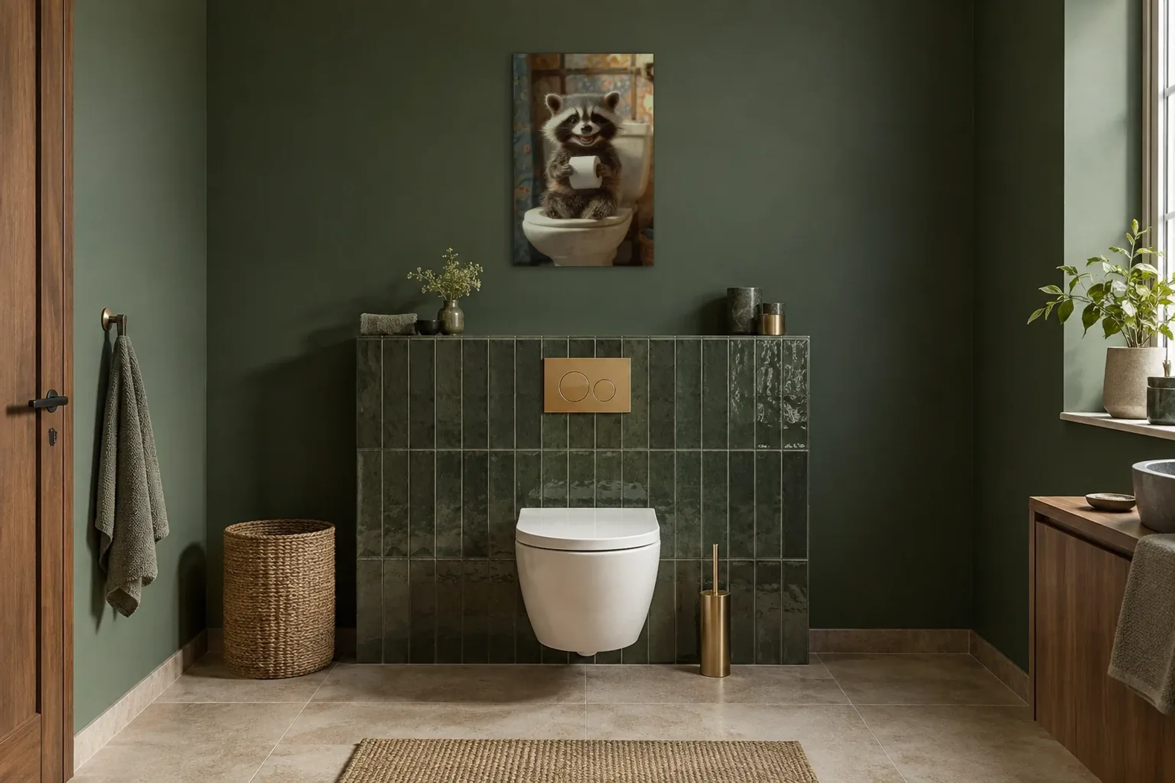 Waschbär im Retrobad als Wandbild im Gäste-WC