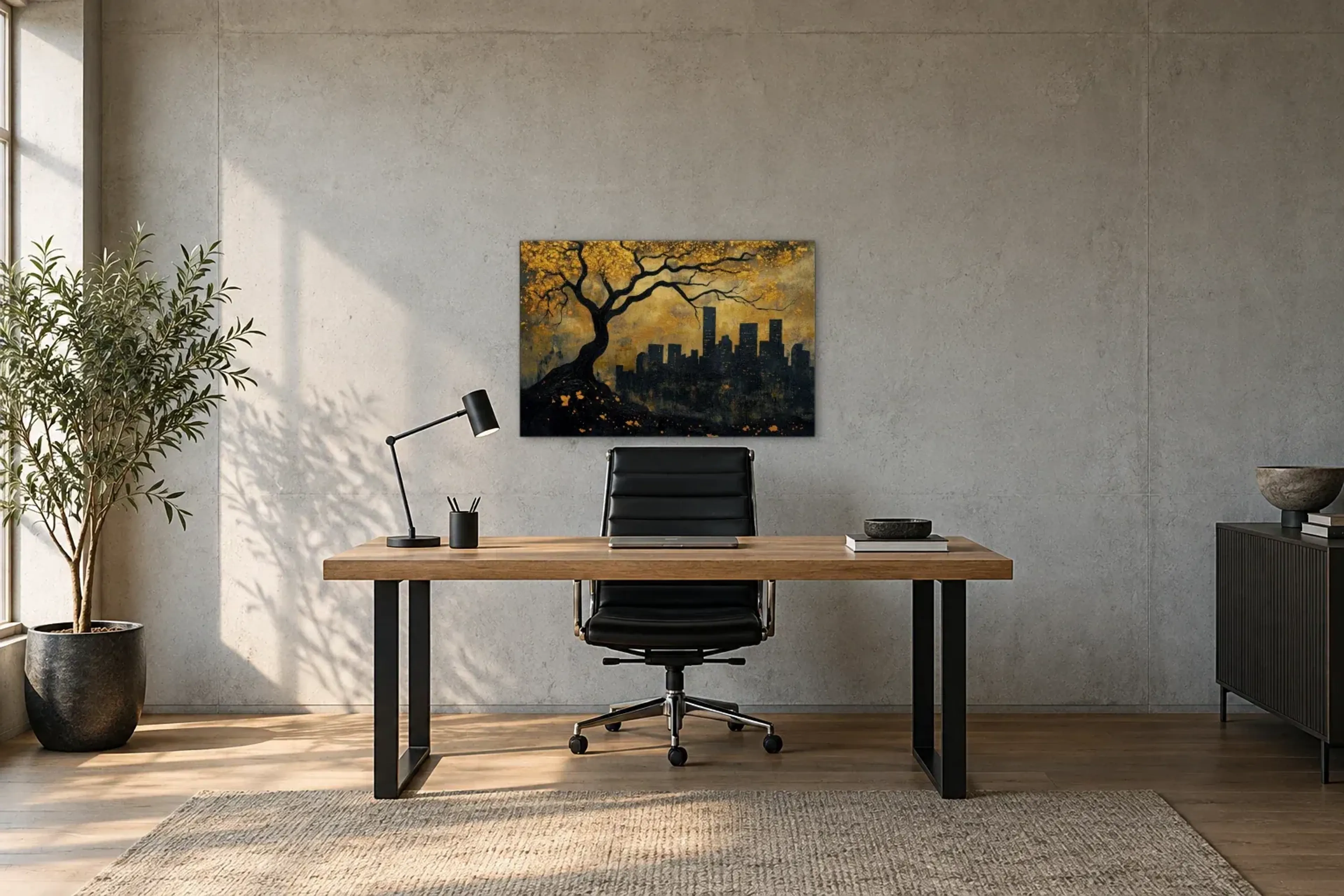 Lebensbaum City als Wandbild über einem 160-cm-Schreibtisch