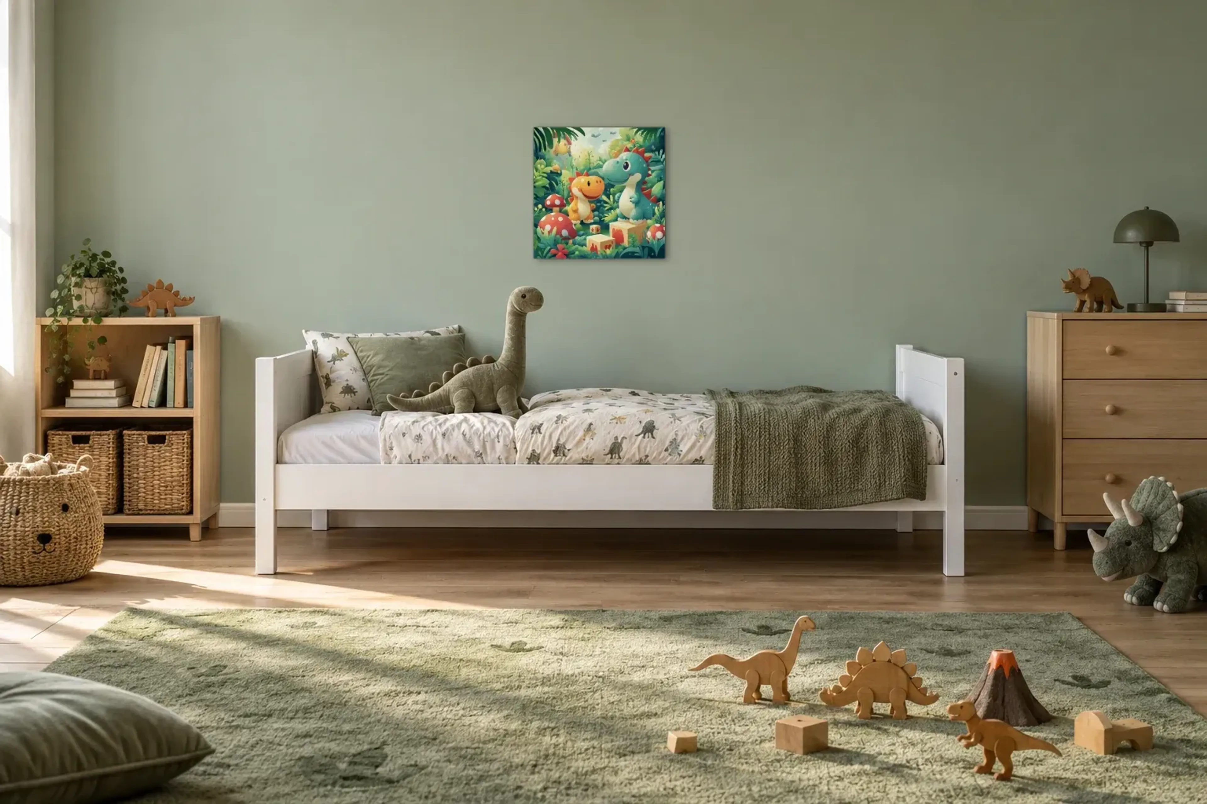 Dinofreunde zwischen Fliegenpilzen als Wandbild über einem 200-cm-Kinderbett