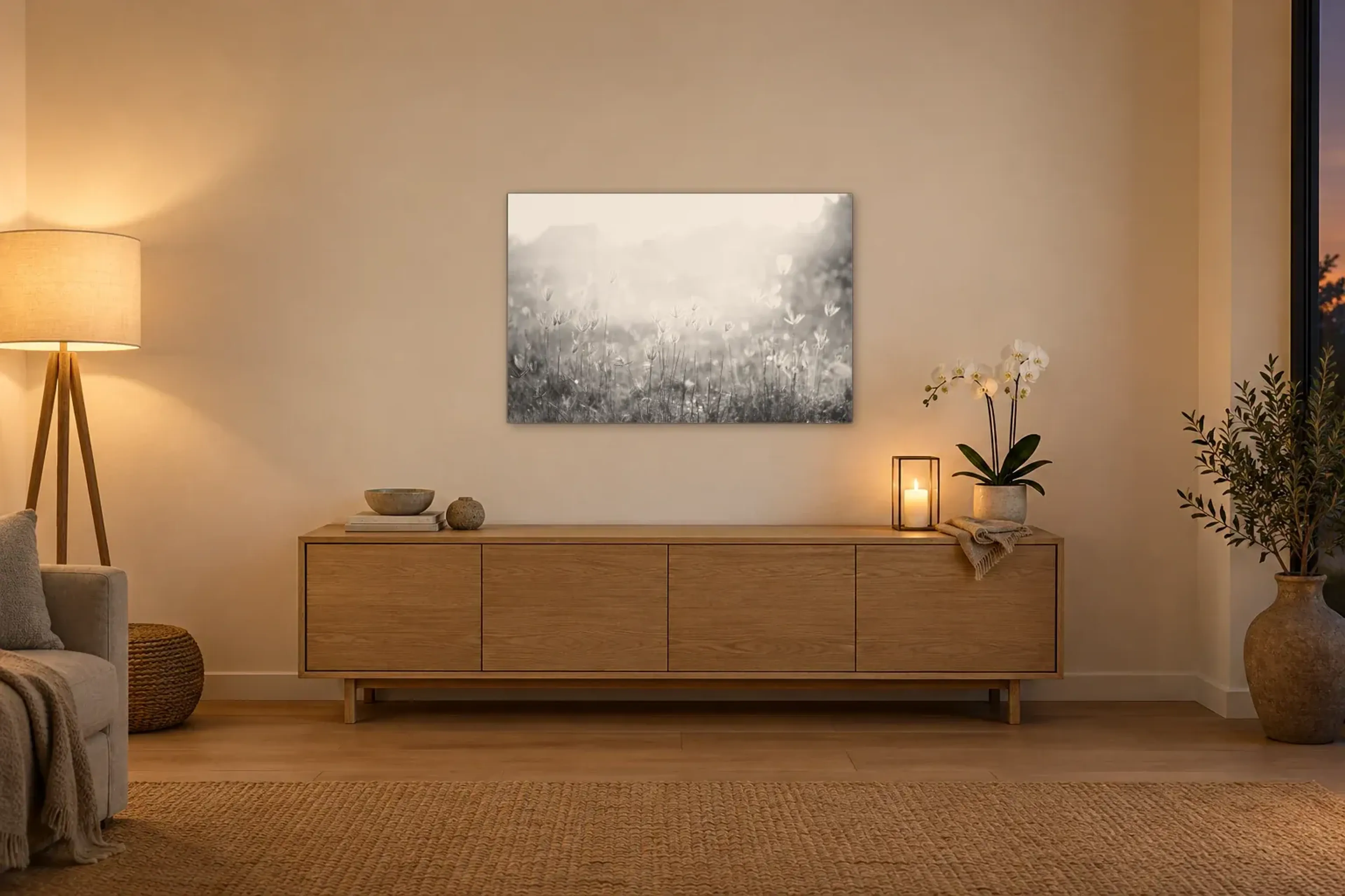 Blumenwiese in Schwarz-Weiß als Wandbild über einem 160-cm-Sideboard