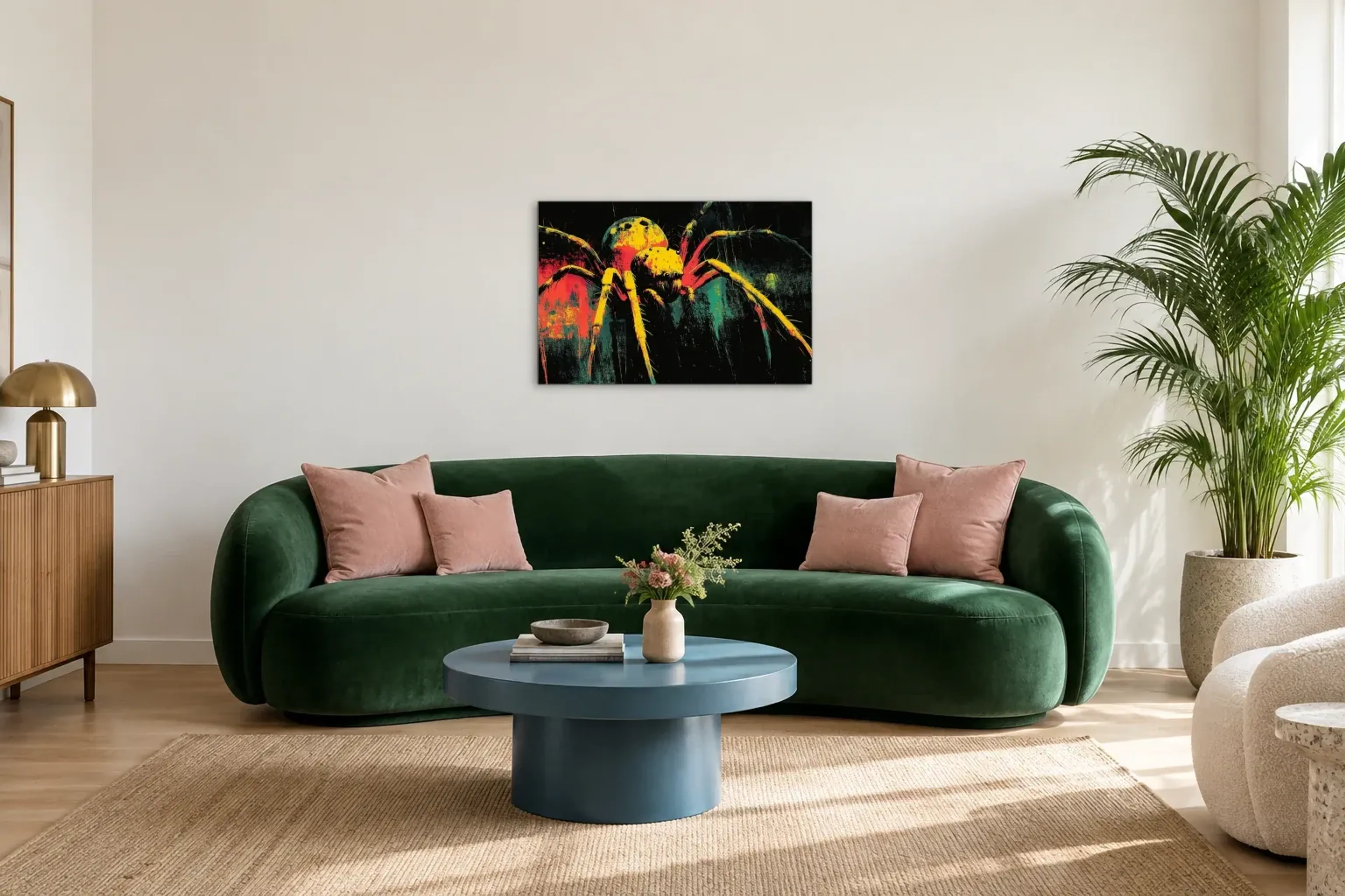 Spinne in Gelb und Rot als Wandbild über einem 220-cm-Sofa
