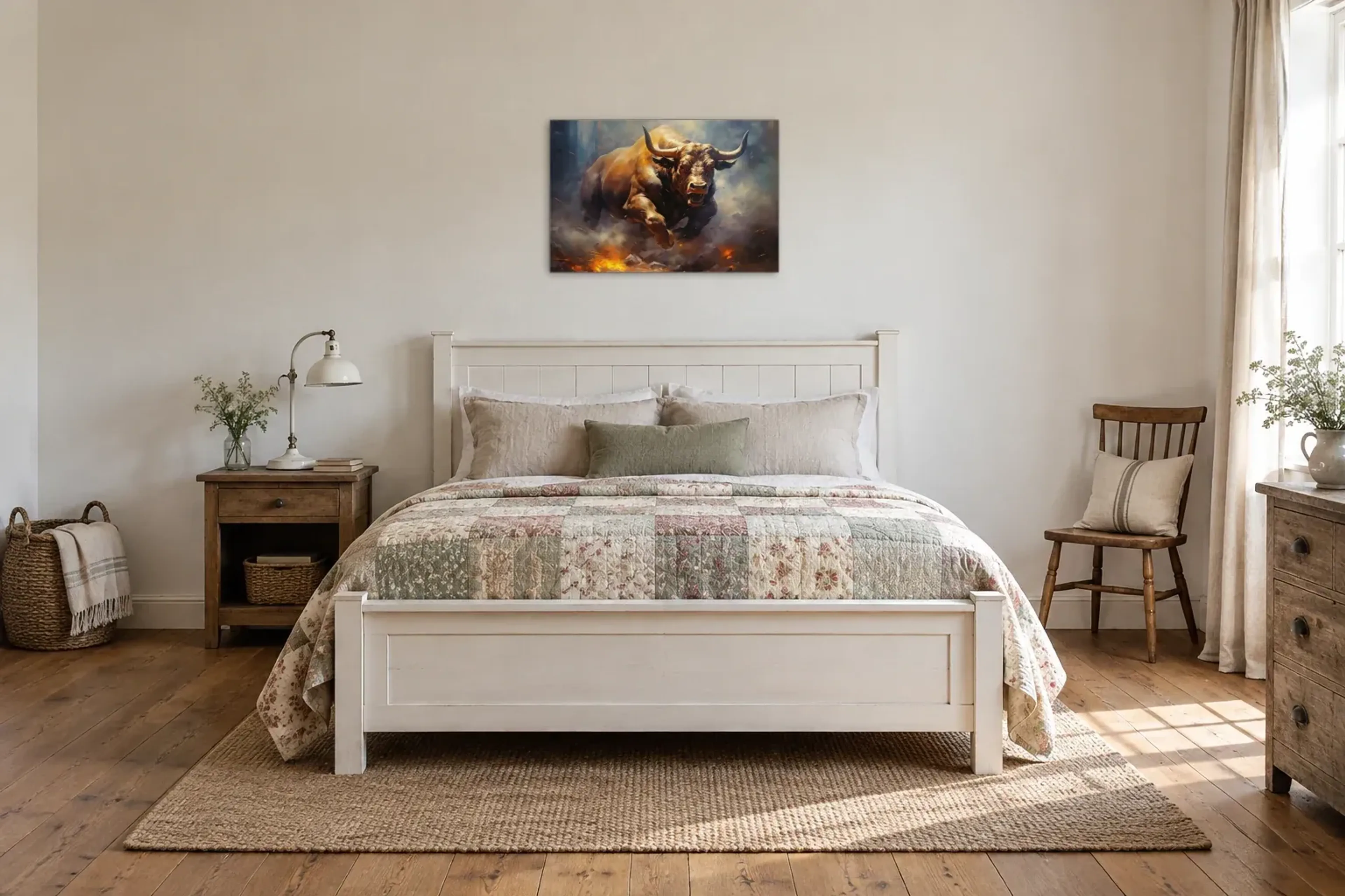 Stier im Ansturm als Wandbild über einem 160-cm-Bett
