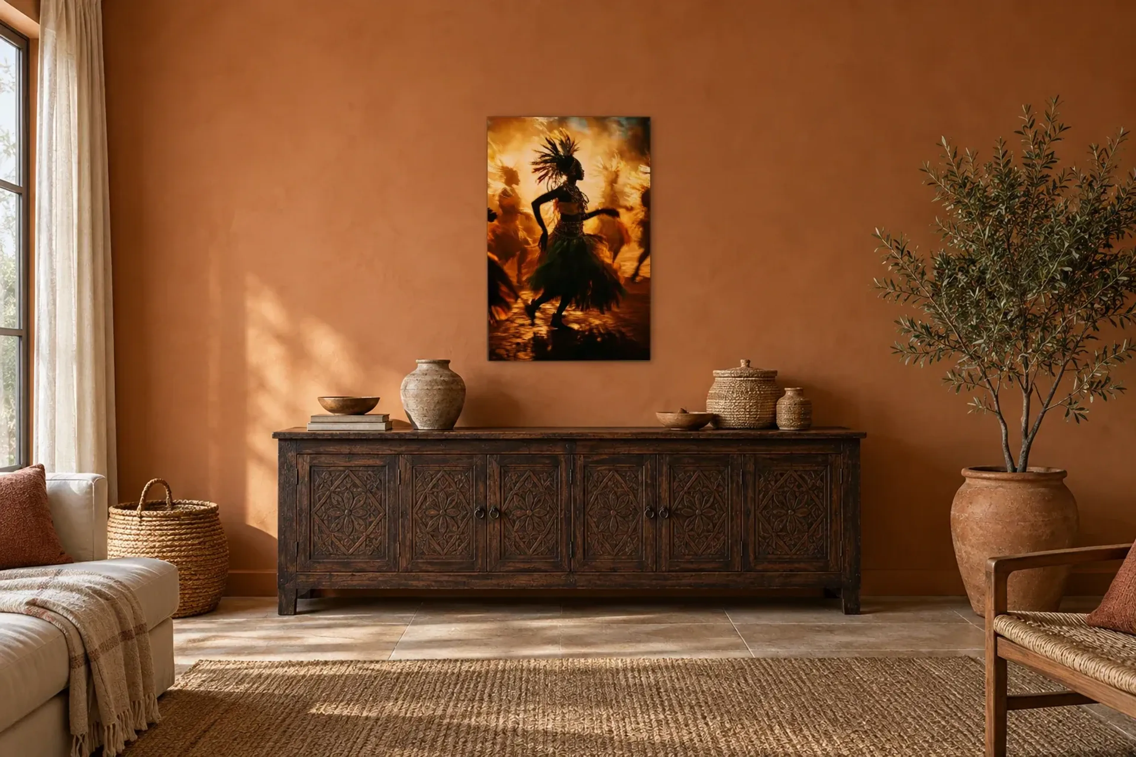 Tanz im goldenen Licht als Wandbild über einem 180-cm-Sideboard