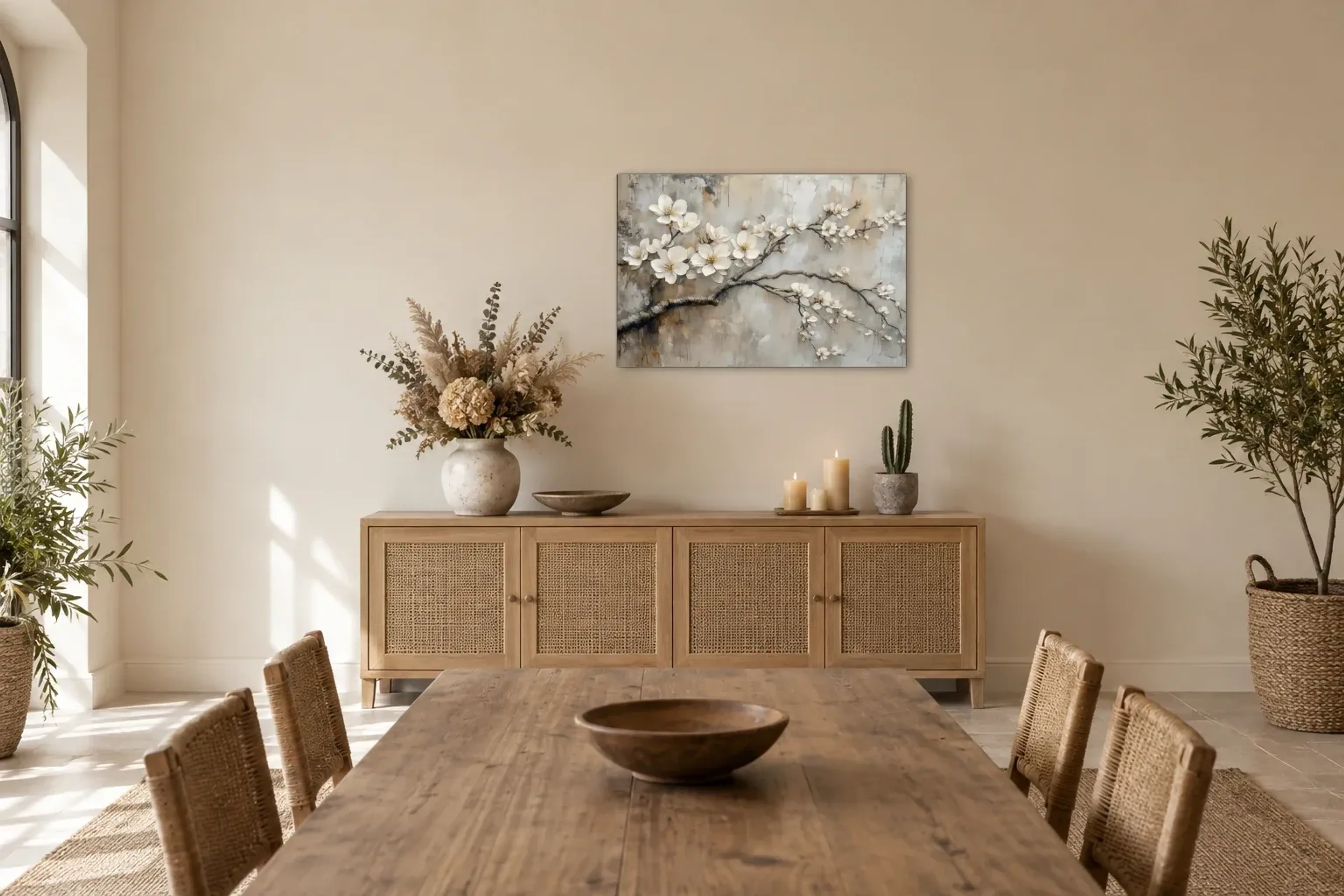 Mandelzweig als Wandbild über einem 160-cm-Sideboard