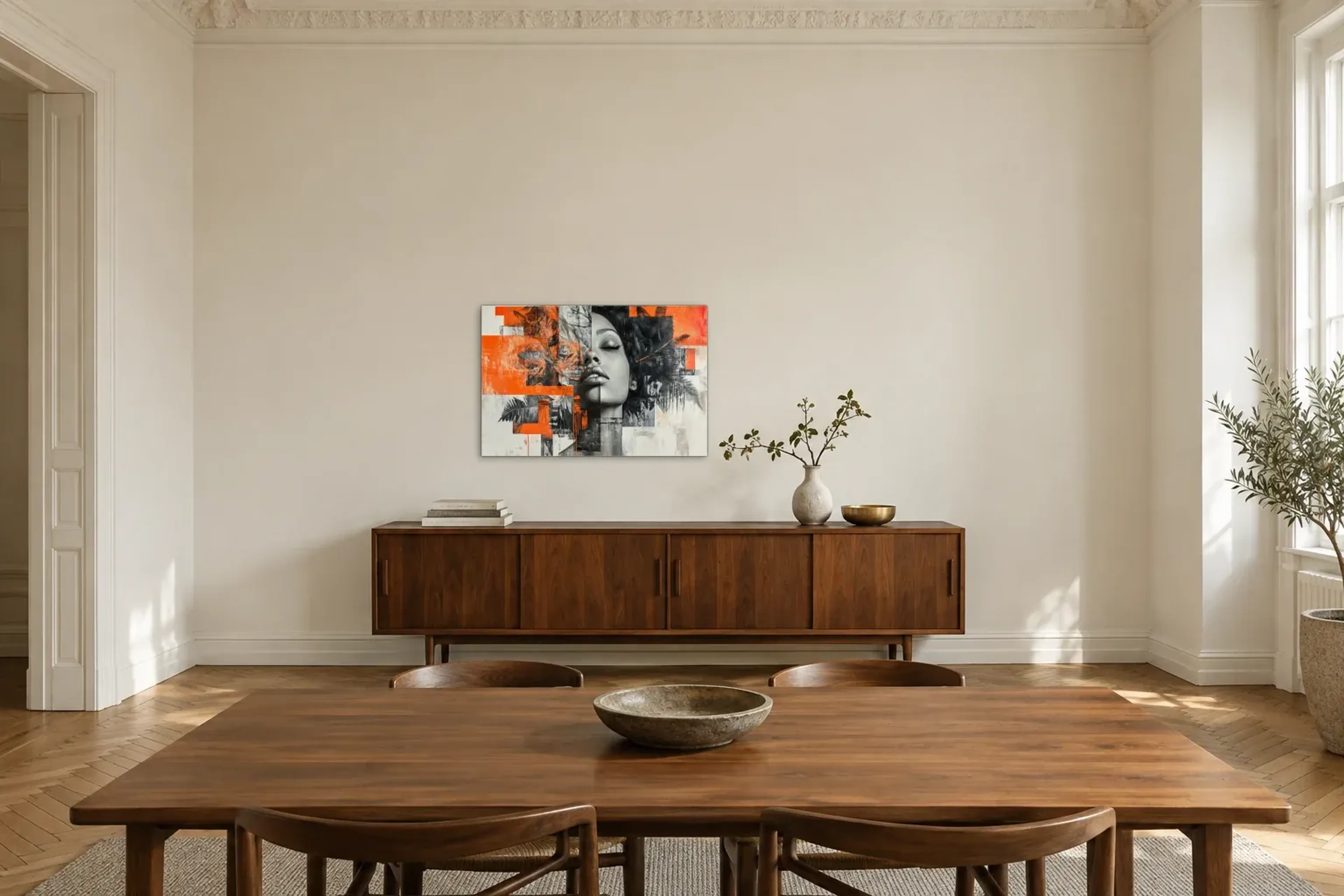 Porträt mit Farnen als Wandbild über einem 200-cm-Sideboard
