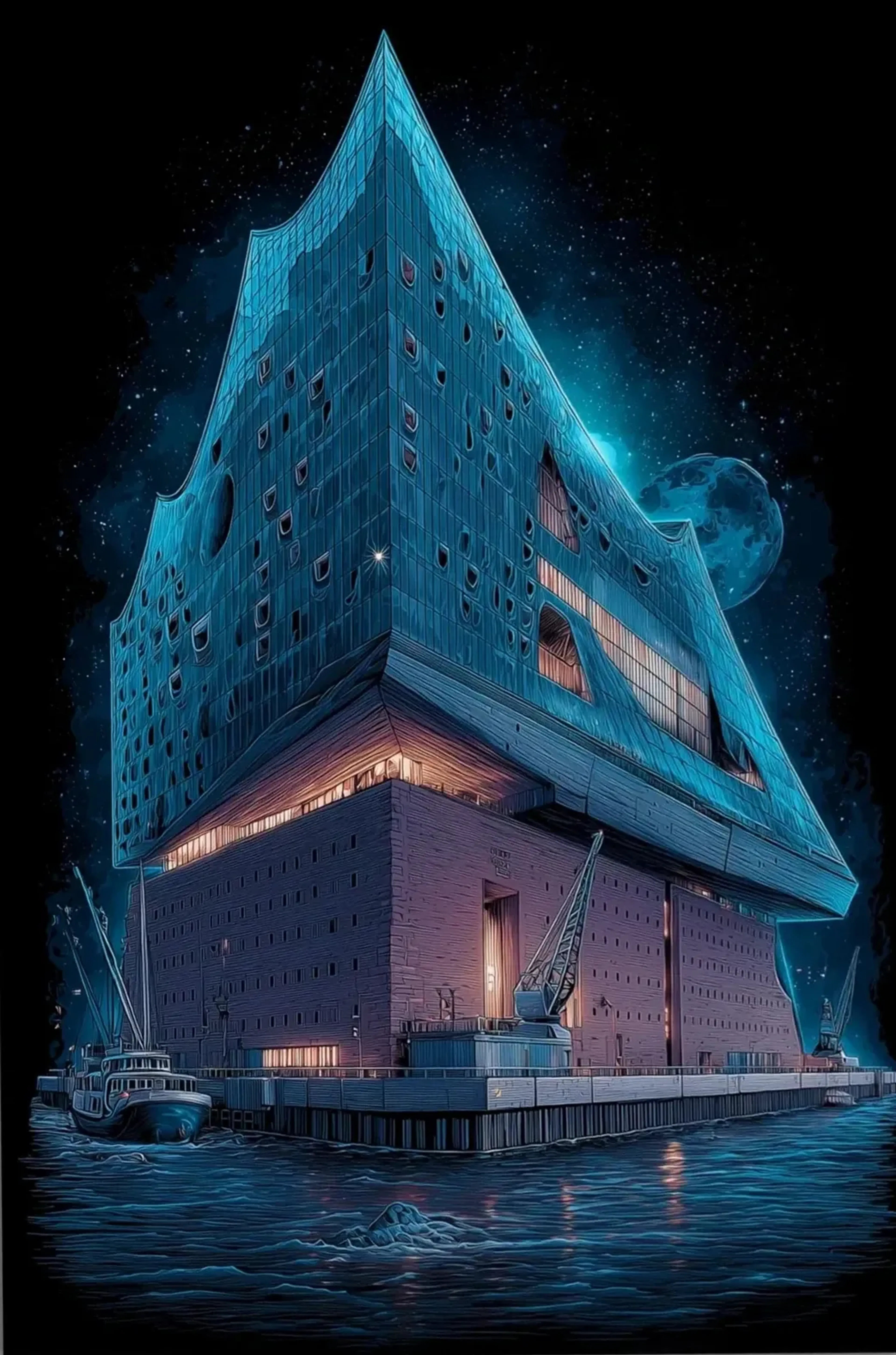 Die türkisblau leuchtende Elbphilharmonie über dunklem Wasser vor Sternen und einem blauen Himmelskörper.