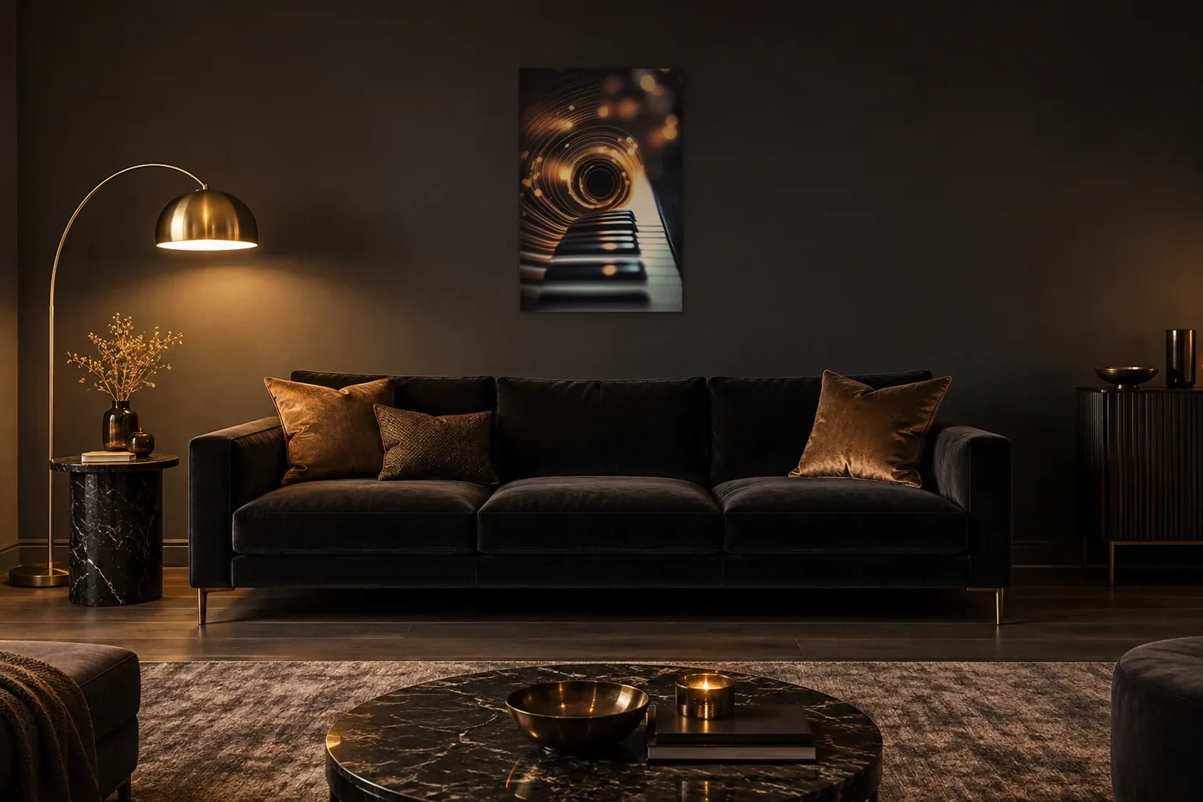 Klaviertasten im Lichtwirbel als Wandbild über einem 220-cm-Sofa