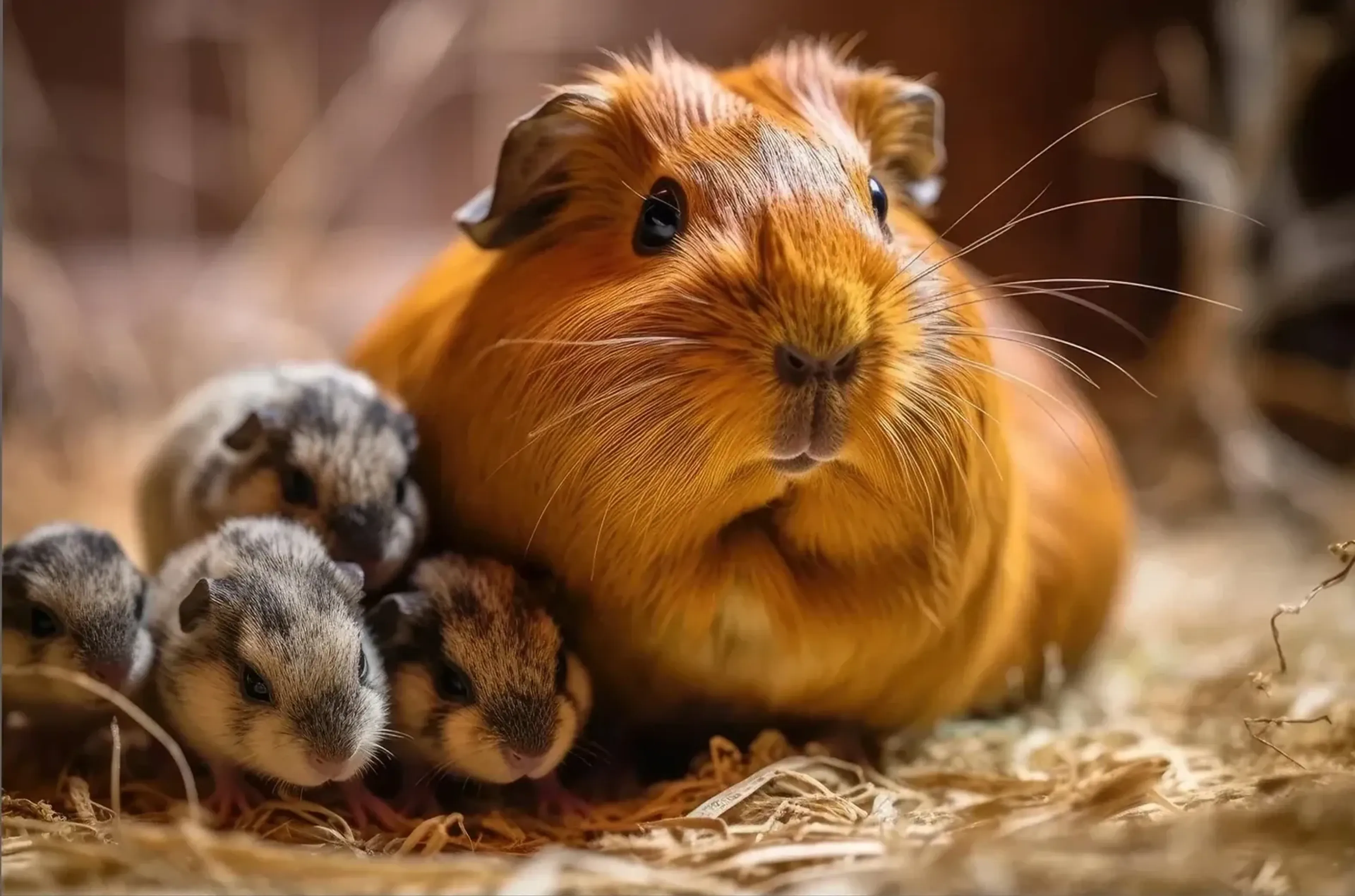 Ein goldbraunes Meerschweinchen sitzt mit vier kleinen, mehrfarbigen Jungtieren im Stroh.