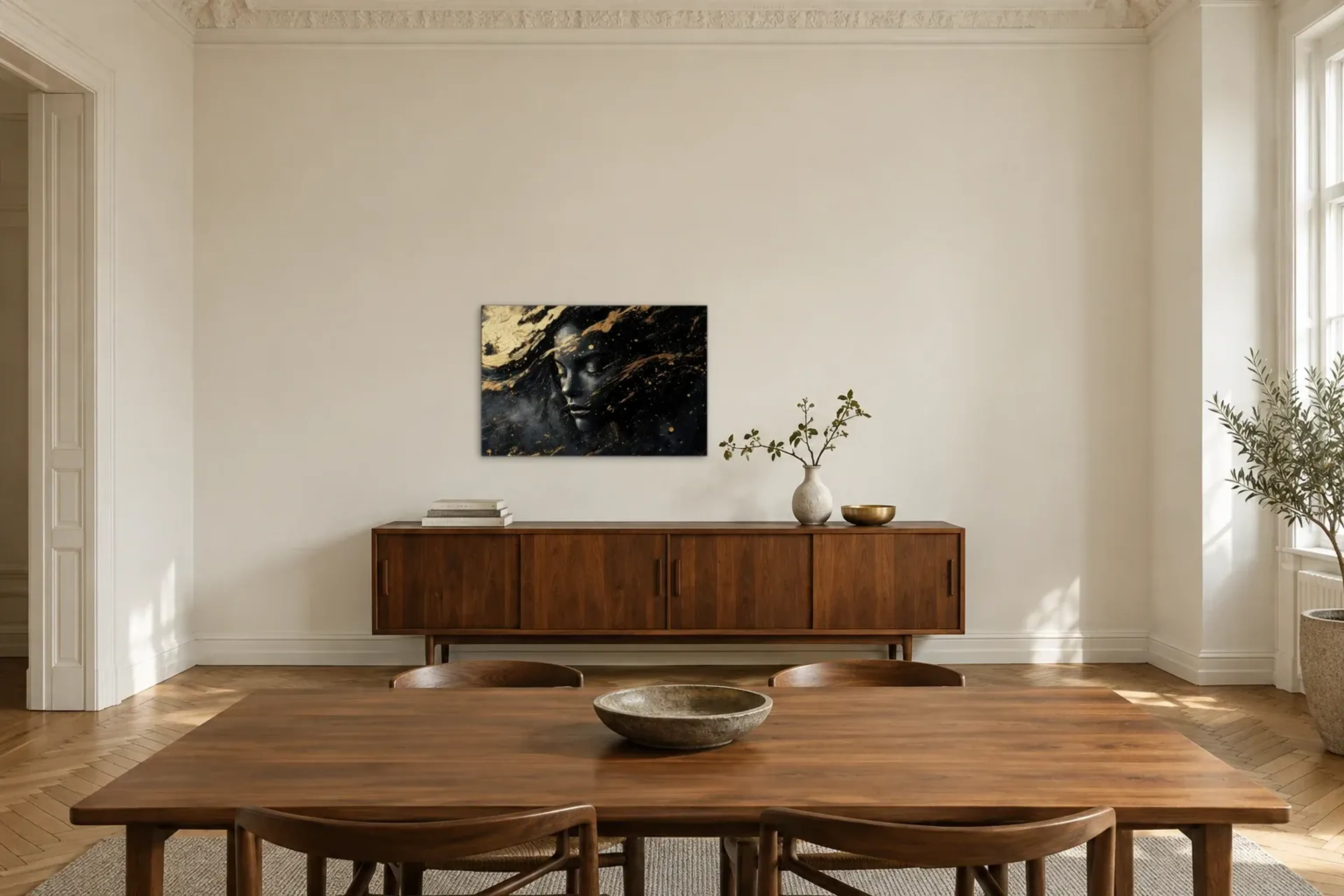 Porträt in Schwarzgold als Wandbild über einem 200-cm-Sideboard
