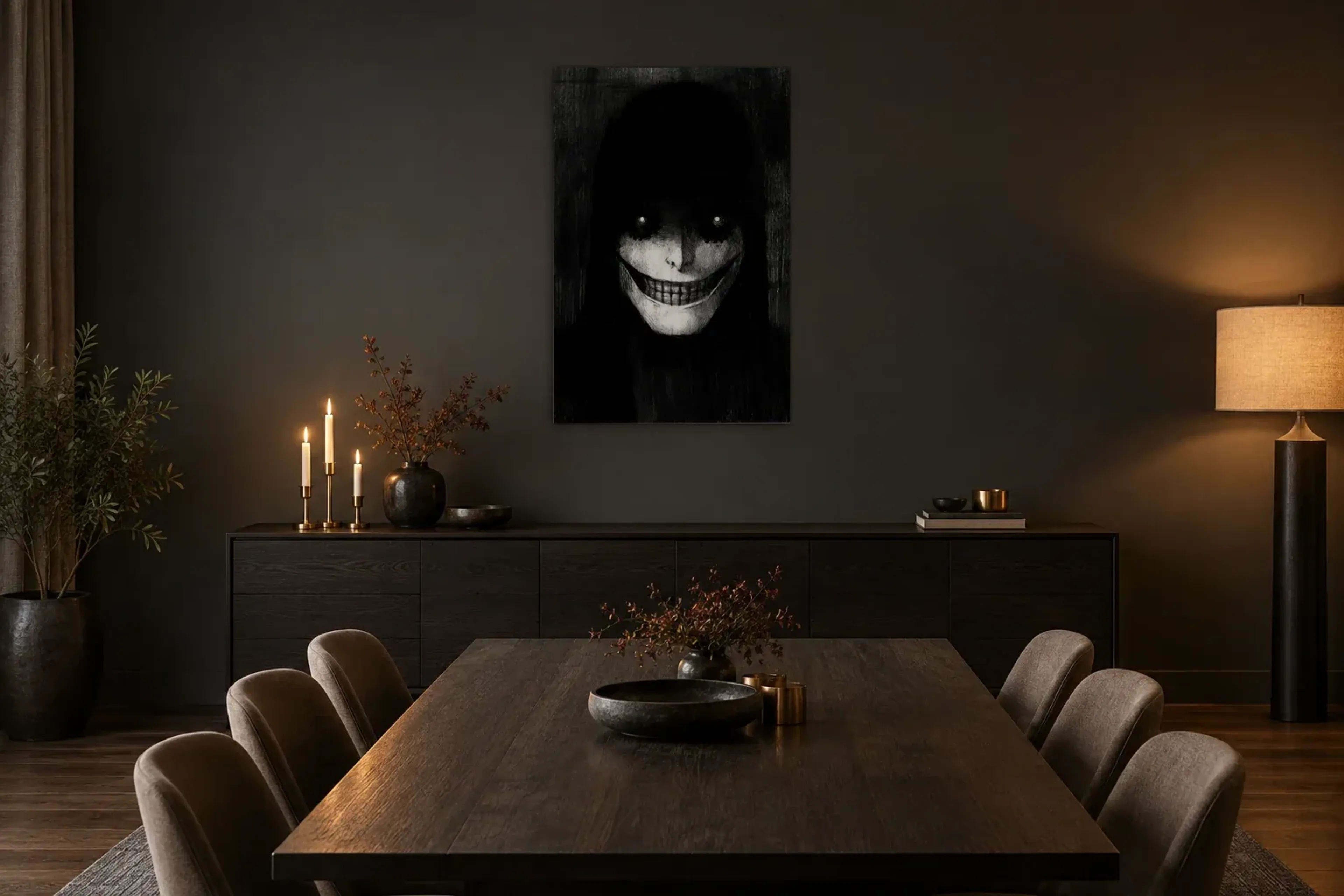 Grinsen aus der Dunkelheit als Wandbild über einem 180-cm-Sideboard
