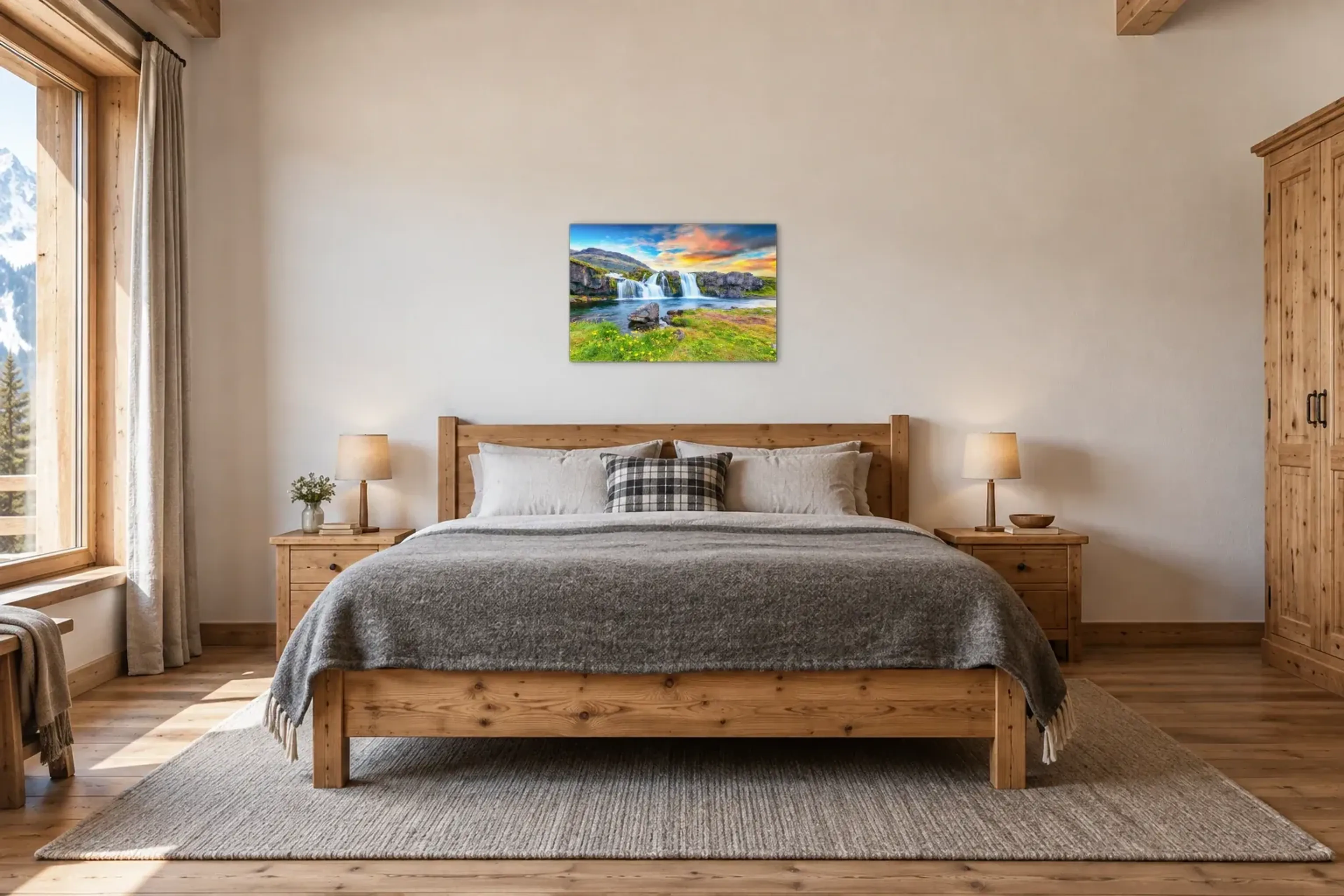 Wasserfälle im Abendlicht als Wandbild über einem 180-cm-Bett