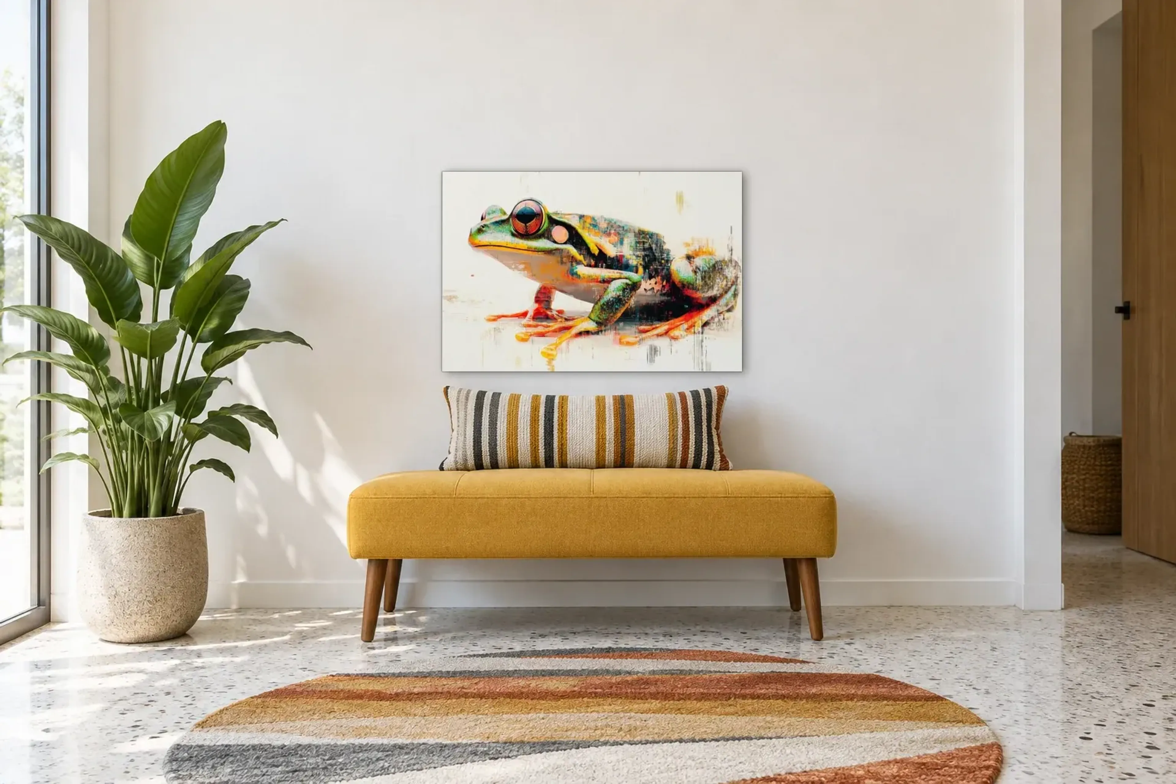 Frosch auf Creme als Wandbild über einer 120-cm-Bank