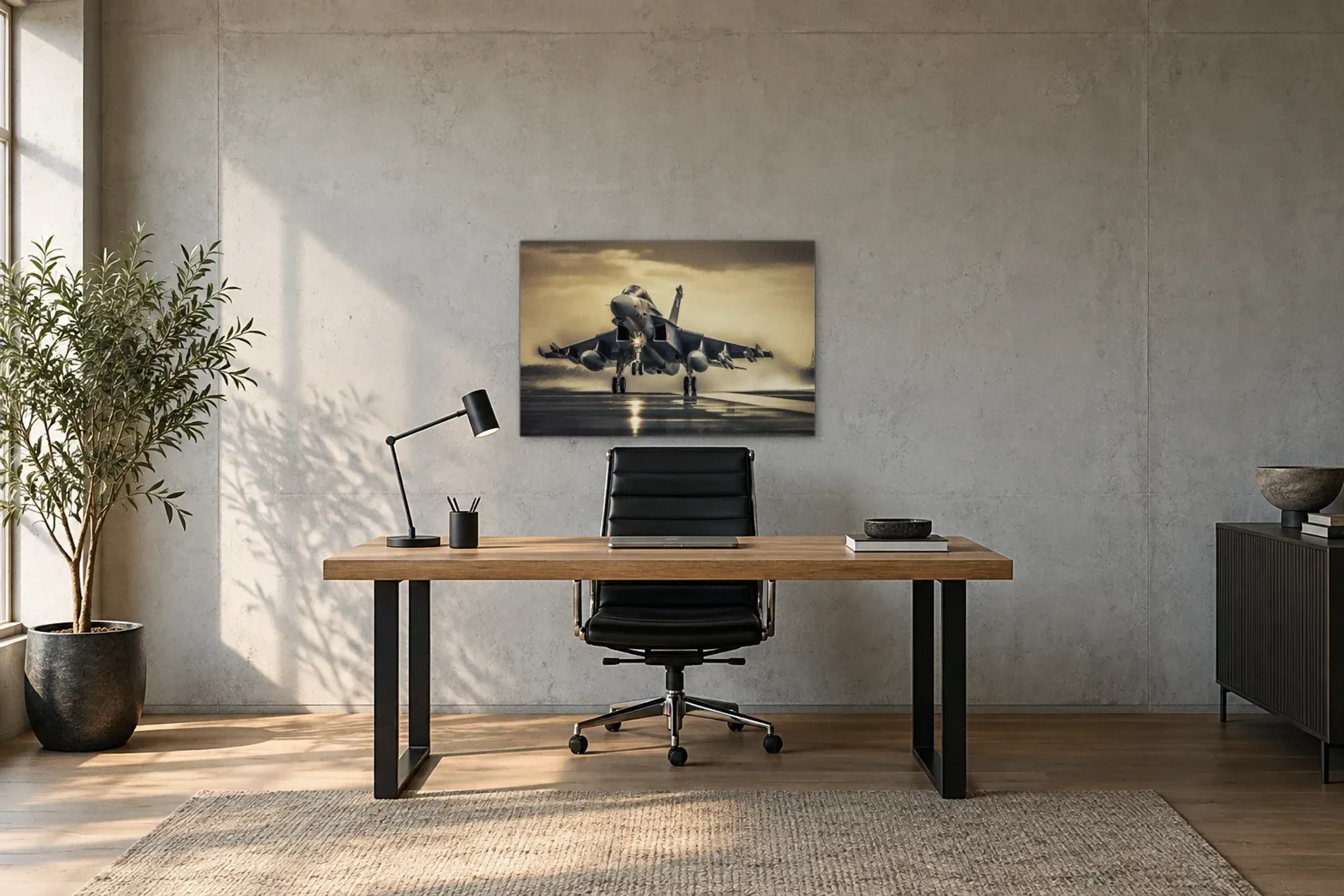 Kampfjet auf Rollbahn als Wandbild über einem 160-cm-Schreibtisch