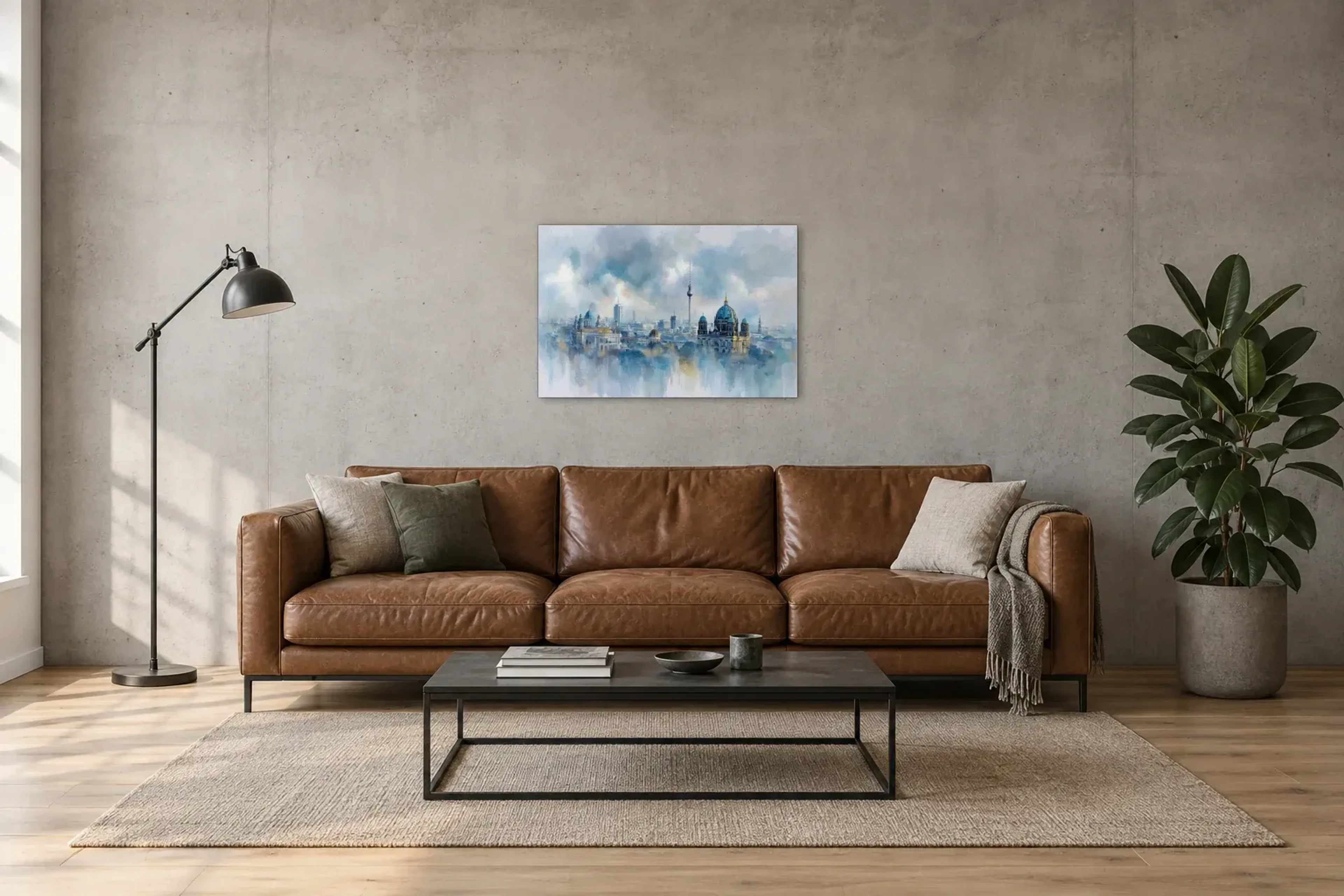Berlin in sanftem Blau als Wandbild über einem 220-cm-Sofa