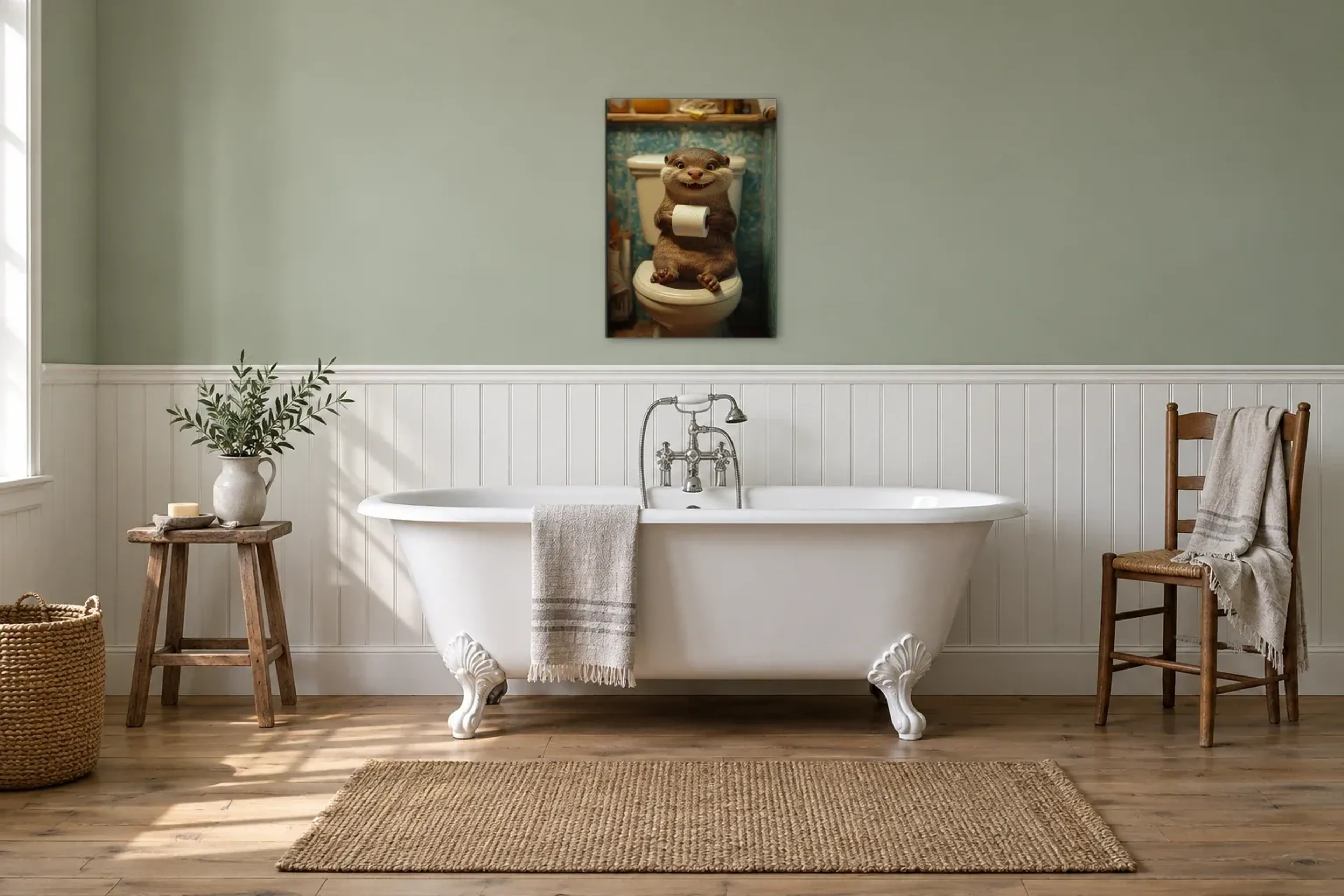 Otter mit Klopapier als Wandbild über einer 170-cm-Badewanne