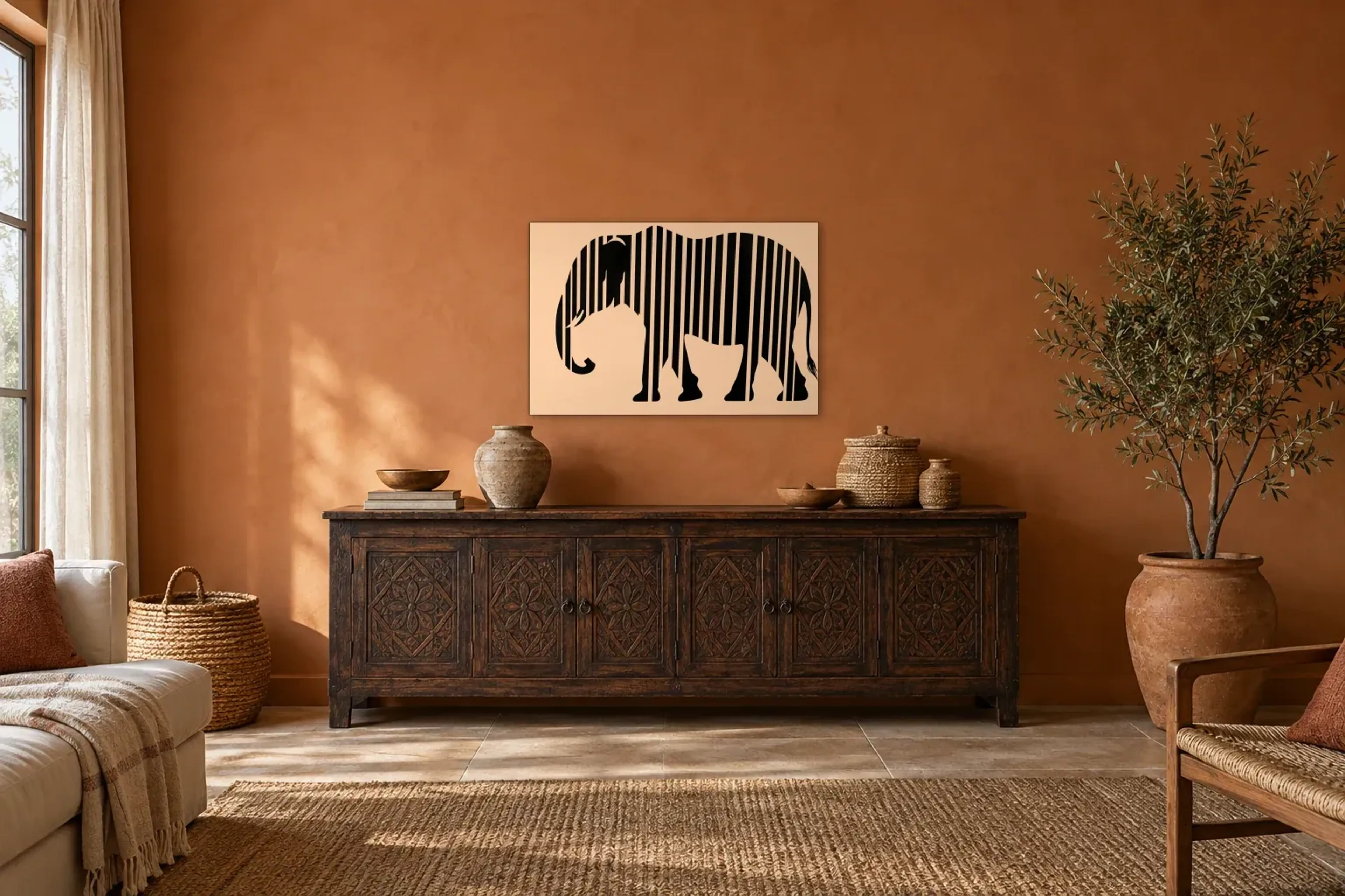Zebraelefant als Wandbild über einem 180-cm-Sideboard