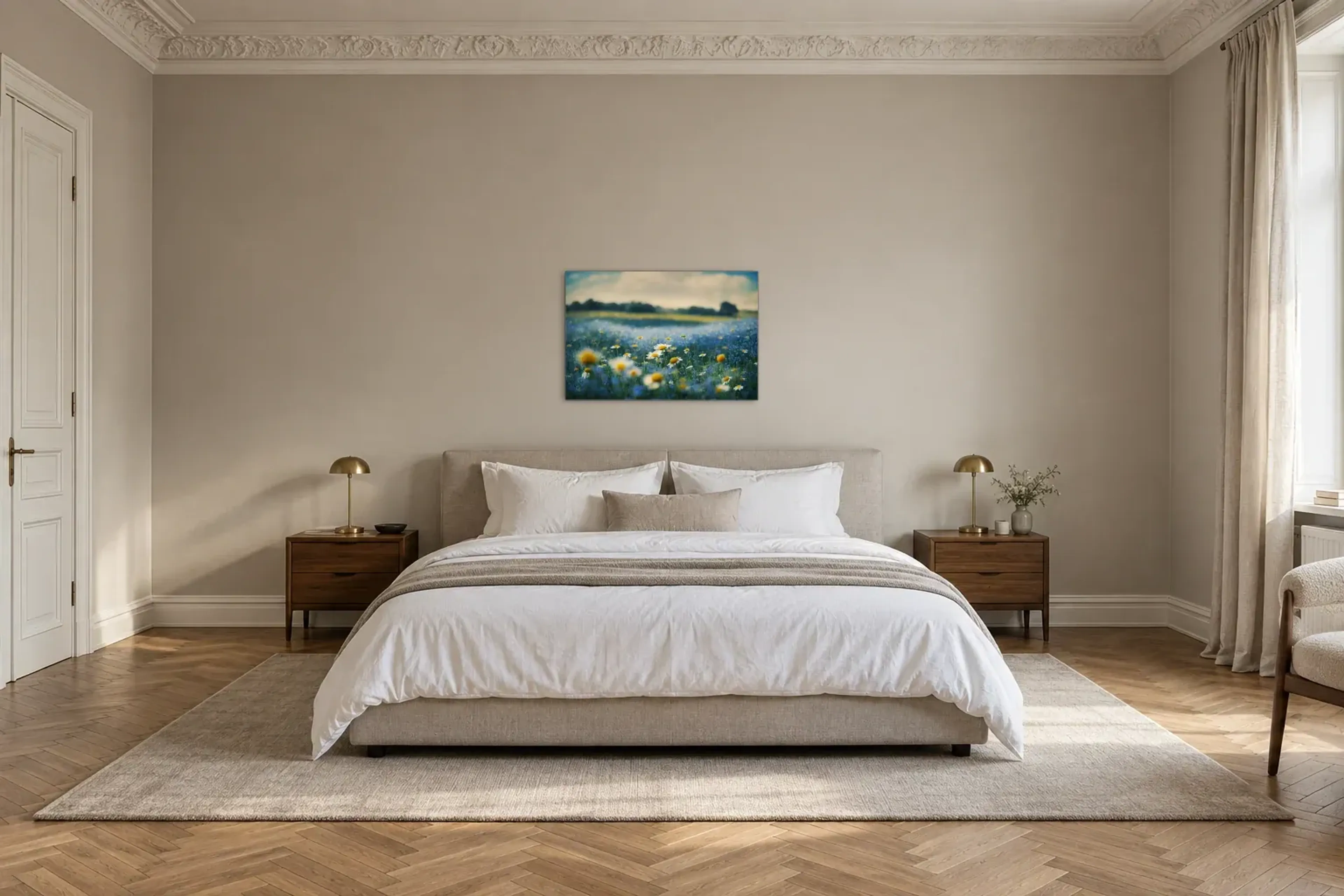 Blaue Blumenwiese als Wandbild über einem 180-cm-Bett