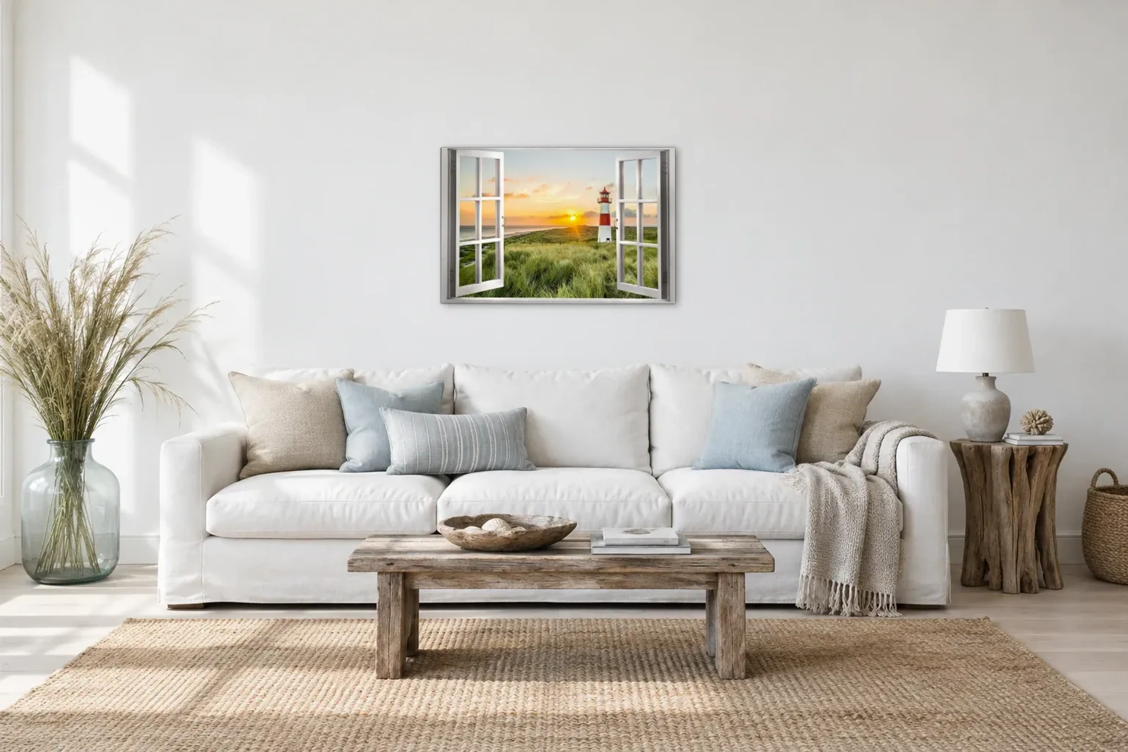 Leuchtturm im Abendlicht als Wandbild über einem 220-cm-Sofa