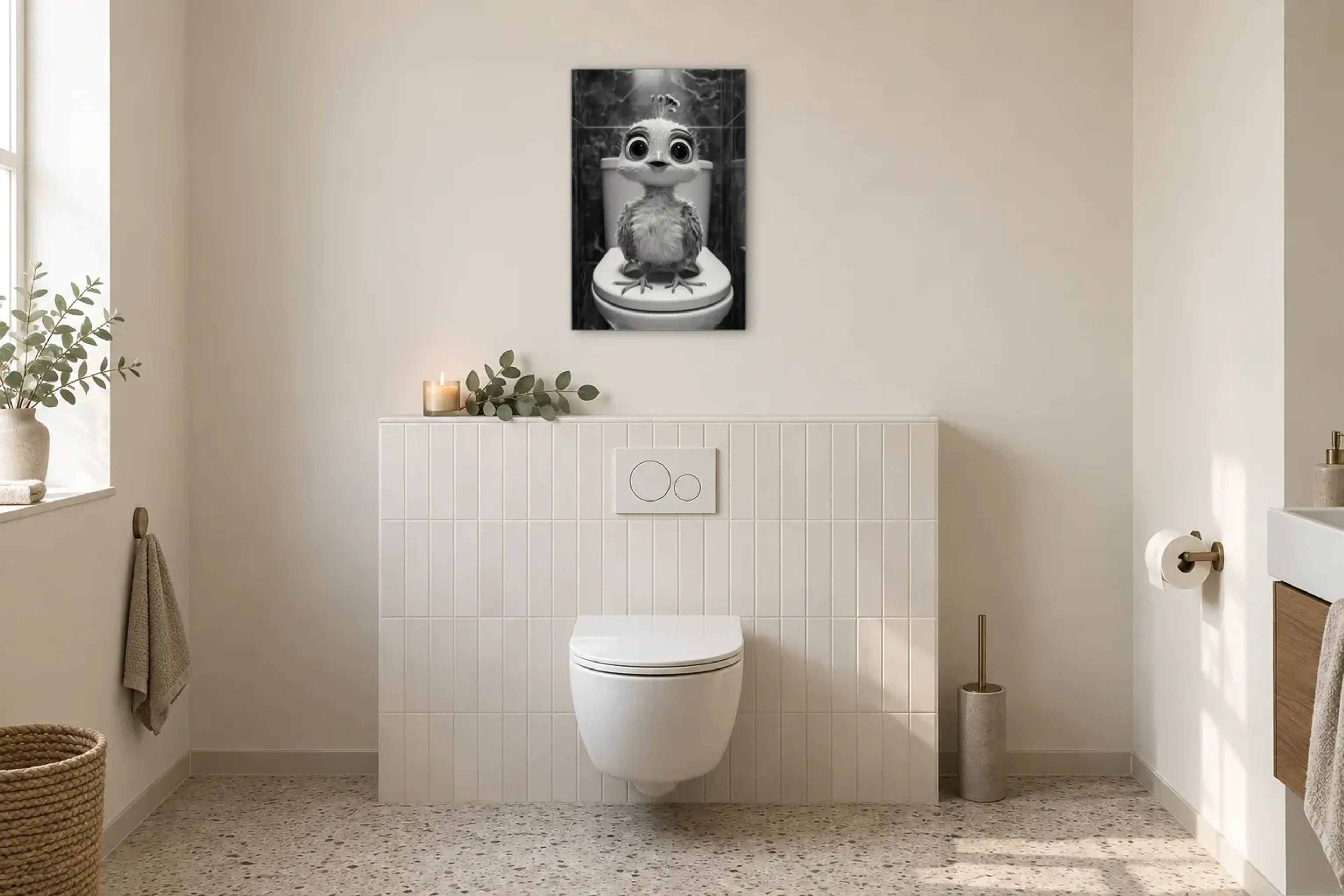 Pfau auf Toilettenbrille als Wandbild im Gäste-WC