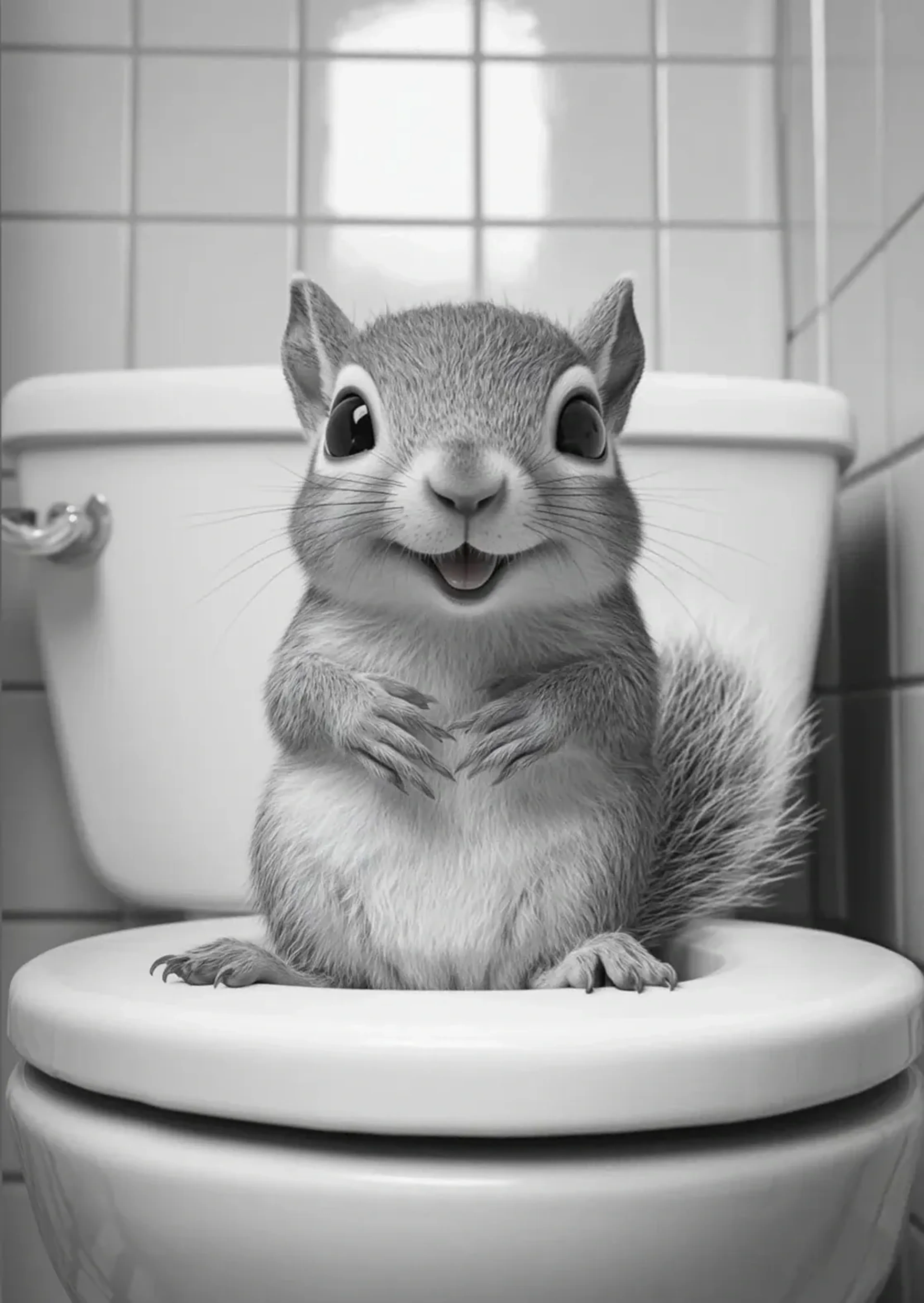 Ein Eichhörnchen mit buschigem Schwanz sitzt auf einer Toilettenbrille und hält die Vorderpfoten vor dem Bauch.