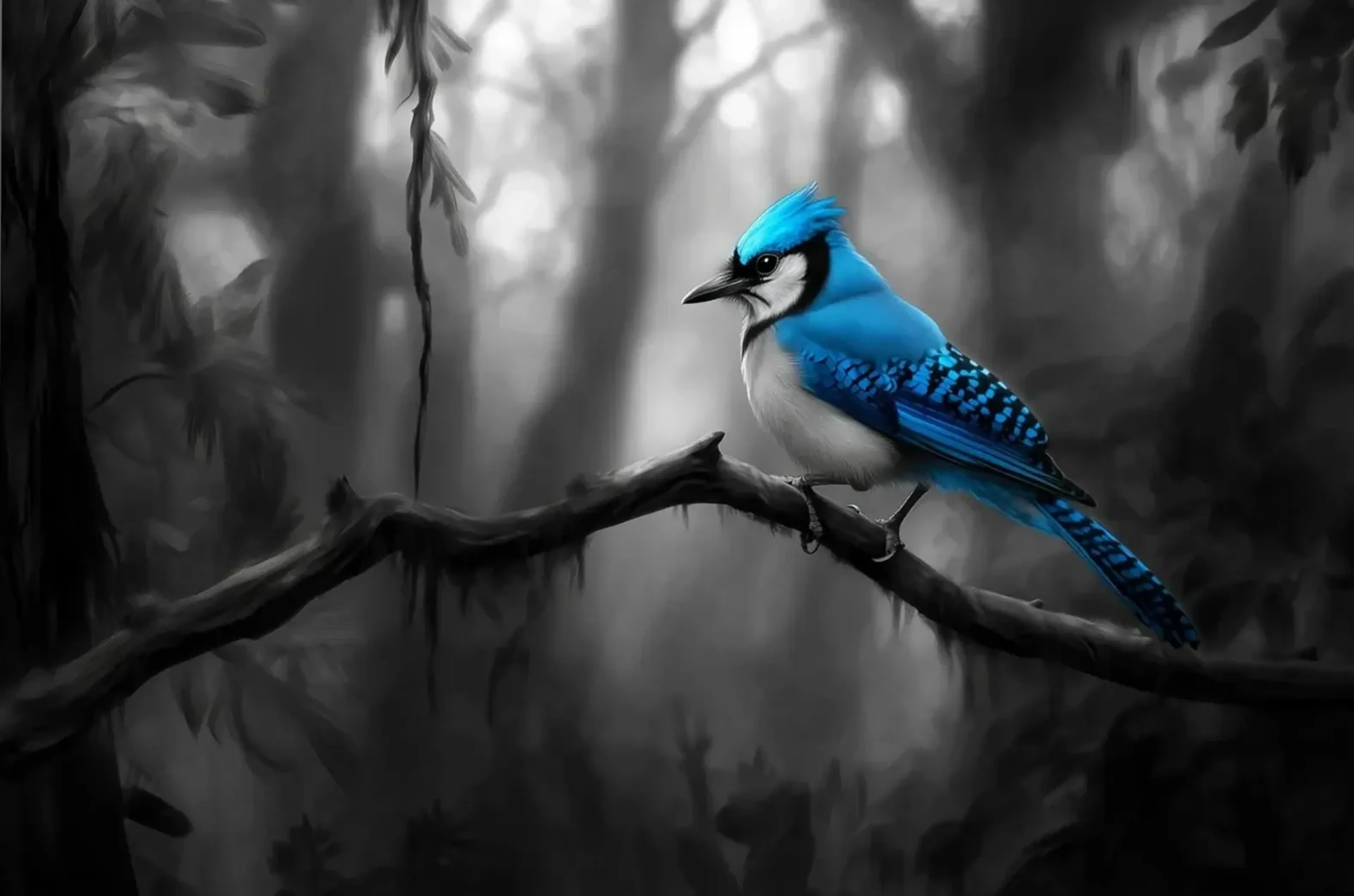 Blauer Vogel mit Federhaube und heller Brust auf einem Ast vor einem nebligen Wald in Schwarz-Weiß.