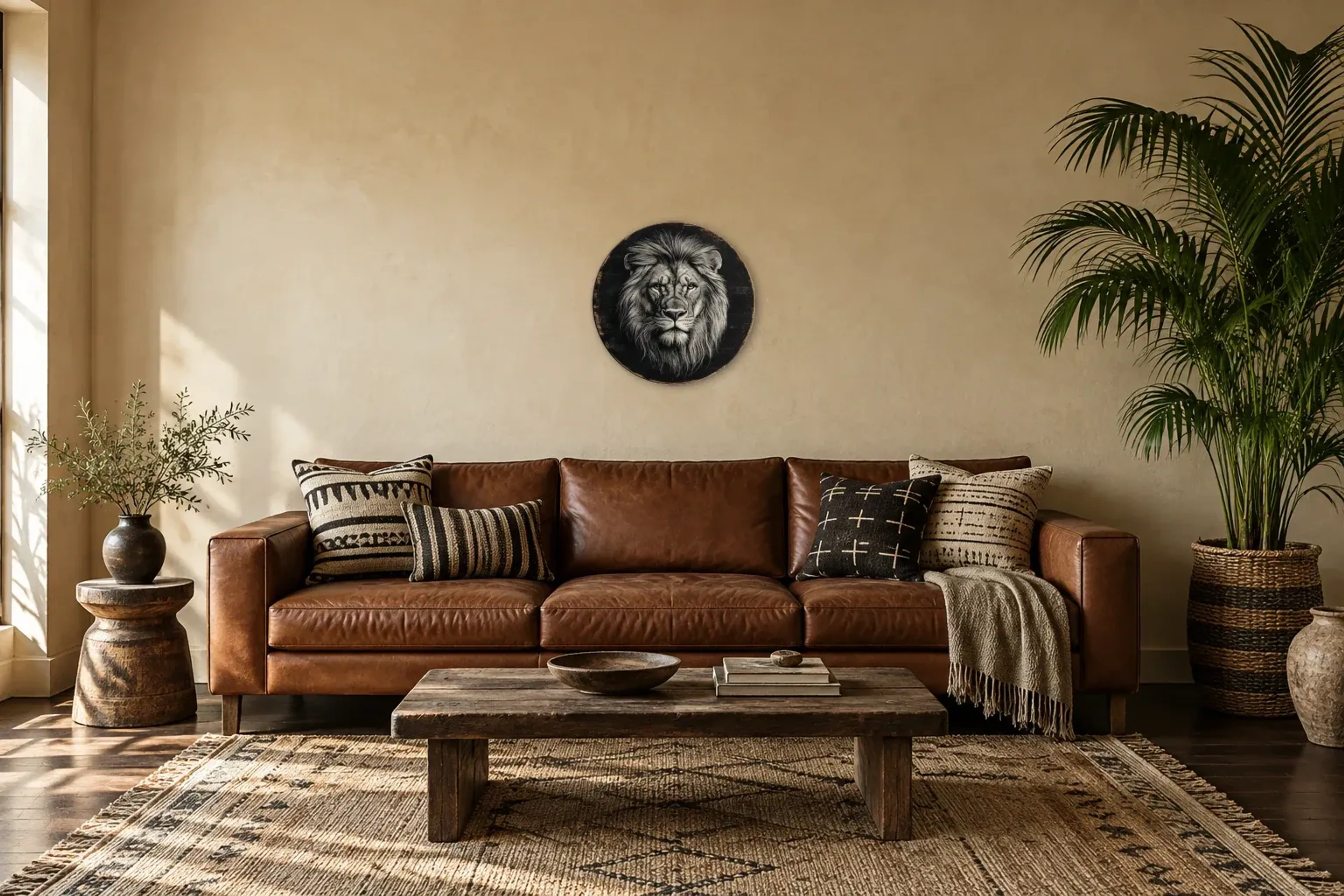 Blick des Löwen als Wandbild über einem 220-cm-Sofa