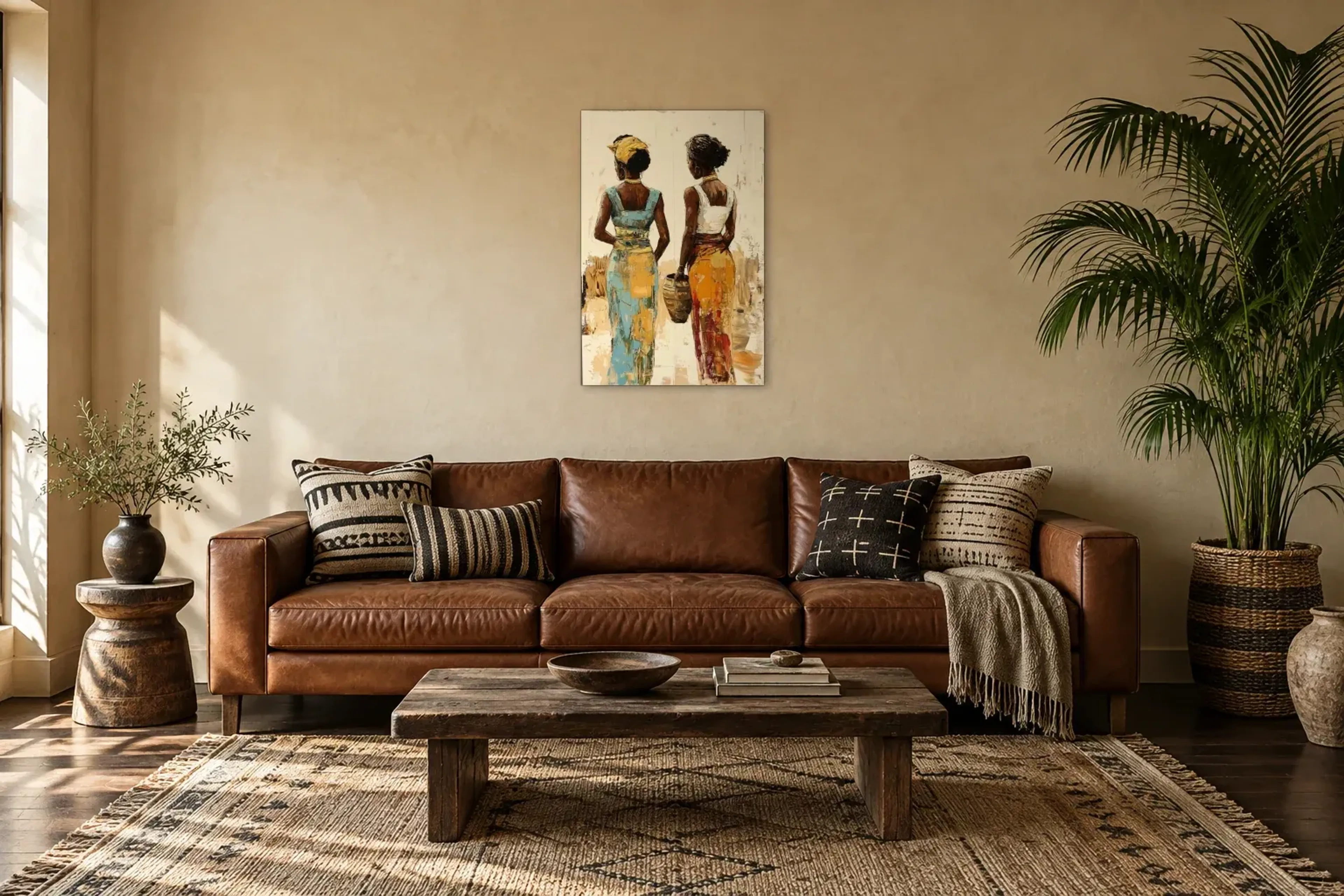 Zwei Frauen in Rückenansicht als Wandbild über einem 220-cm-Sofa
