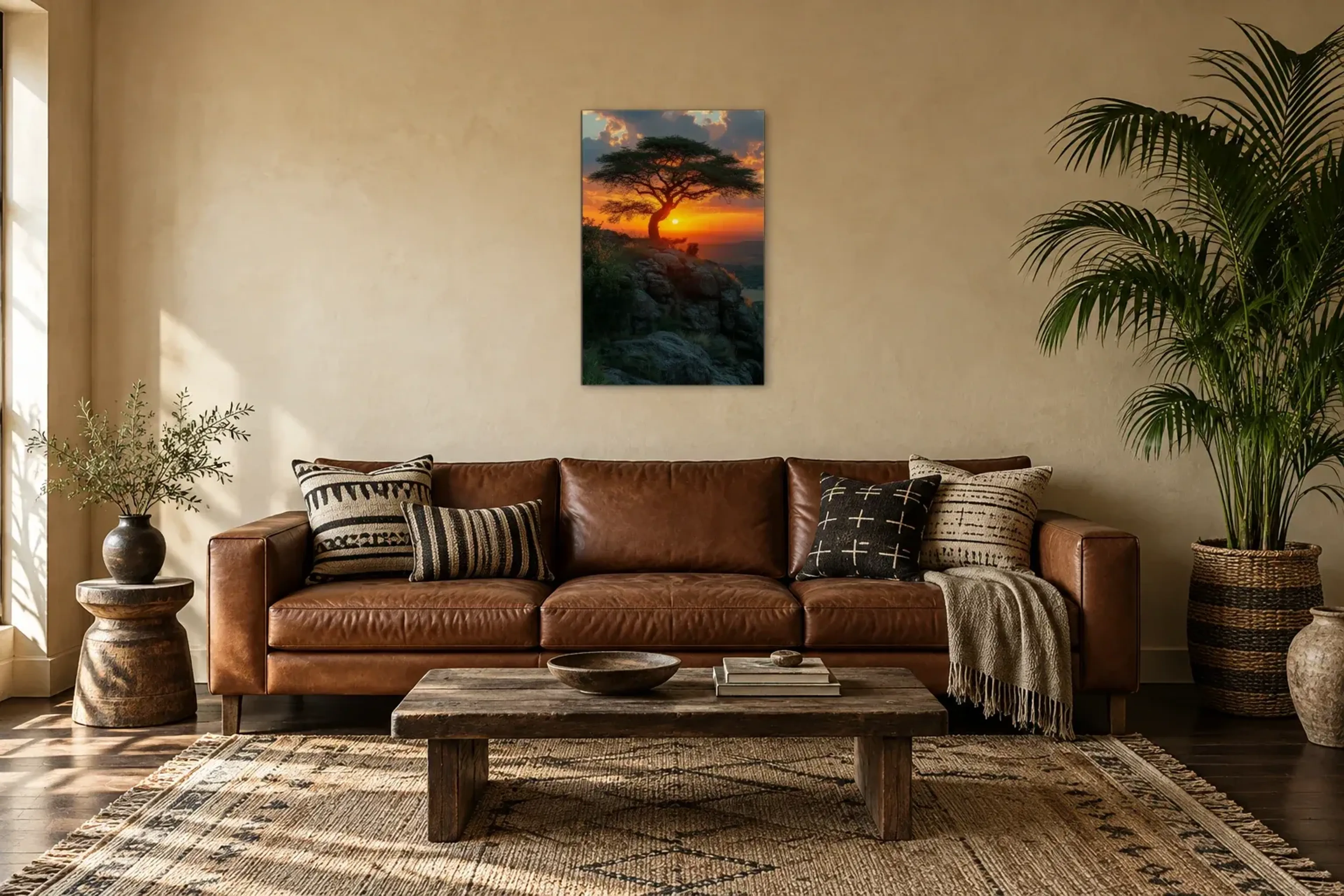 Baum im Abendlicht als Wandbild über einem 220-cm-Sofa