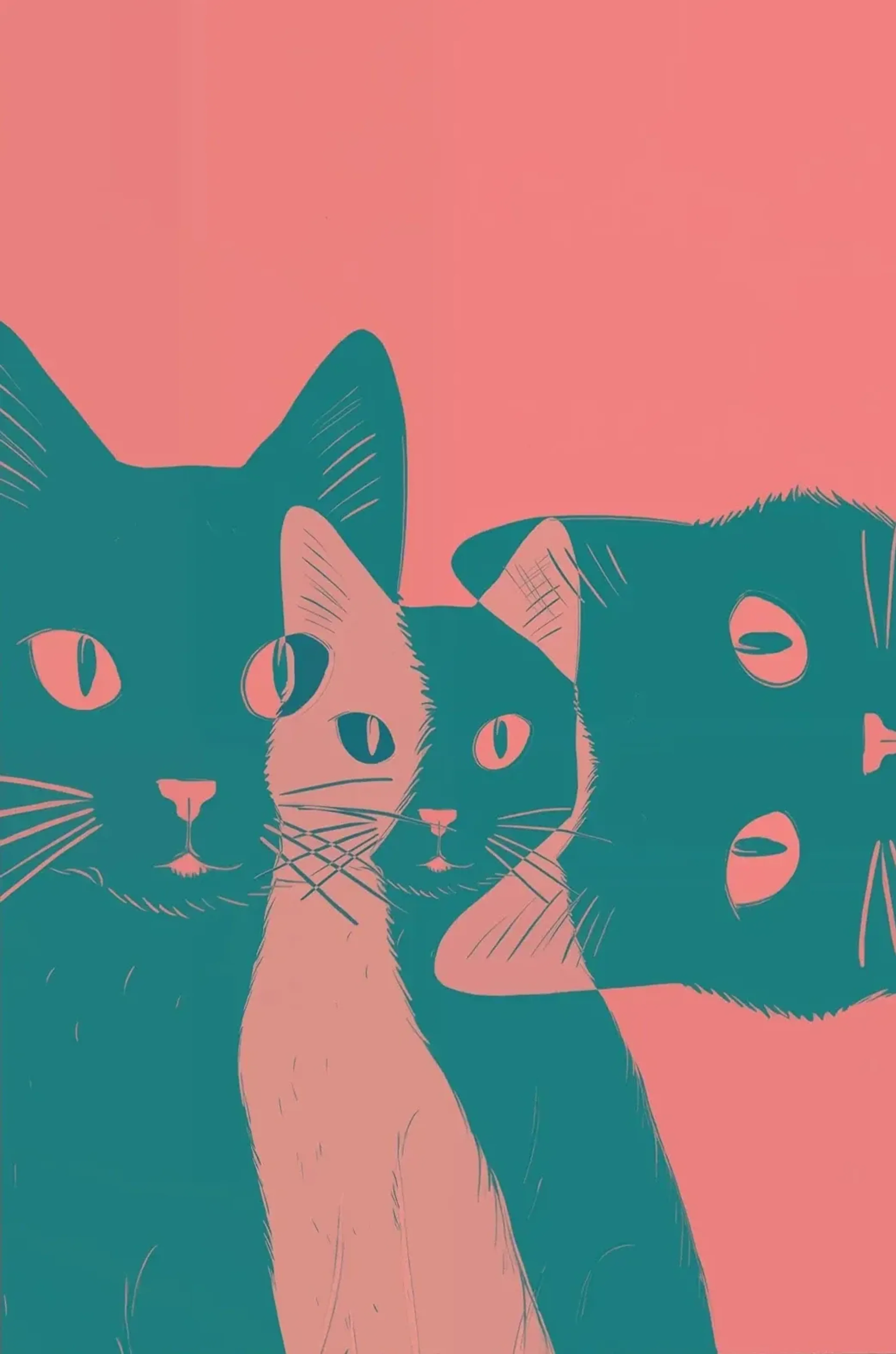 Katzen in Petrol – Motiv als Wandbild auf Holz
