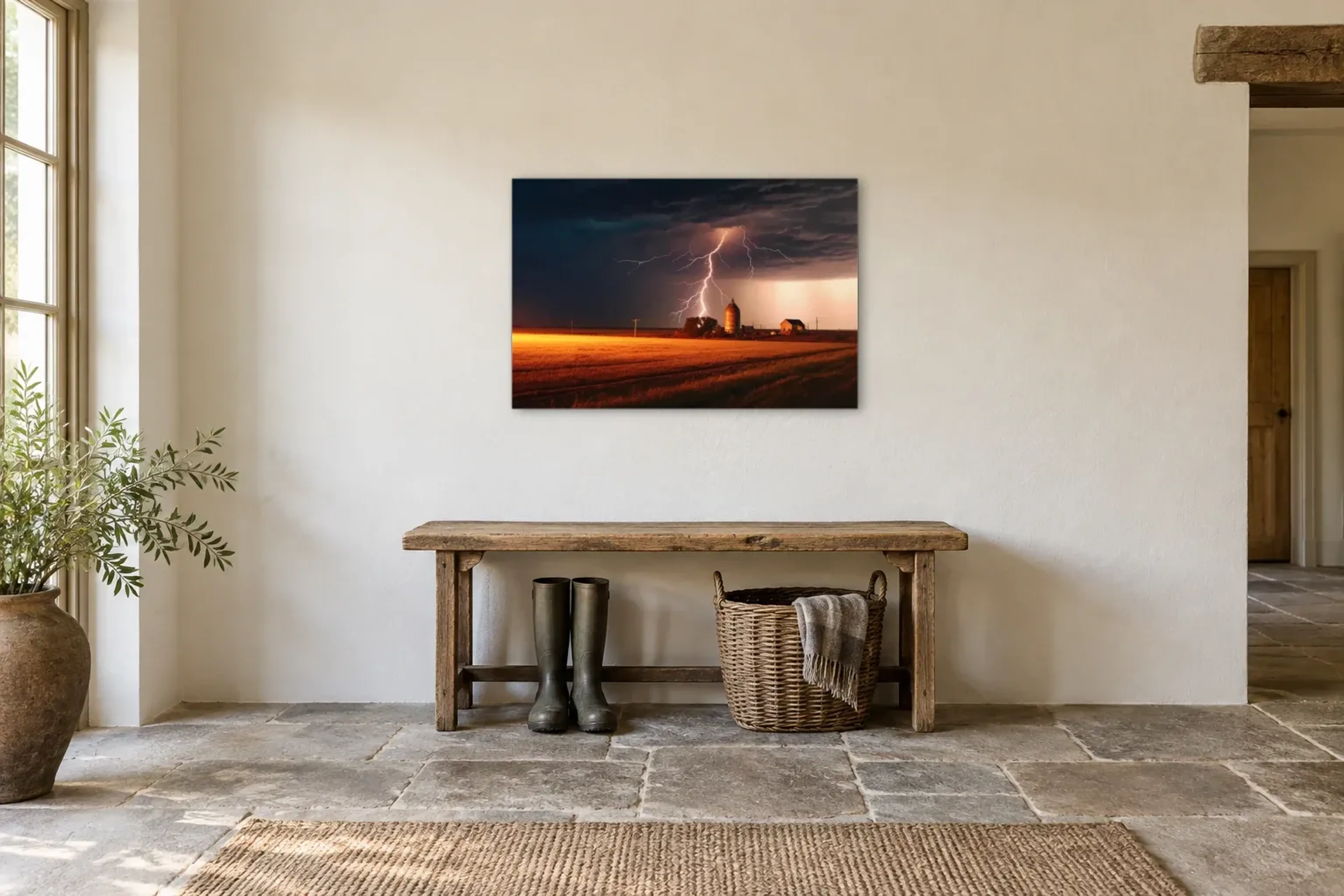 Gewitter als Wandbild über einer 120-cm-Bank